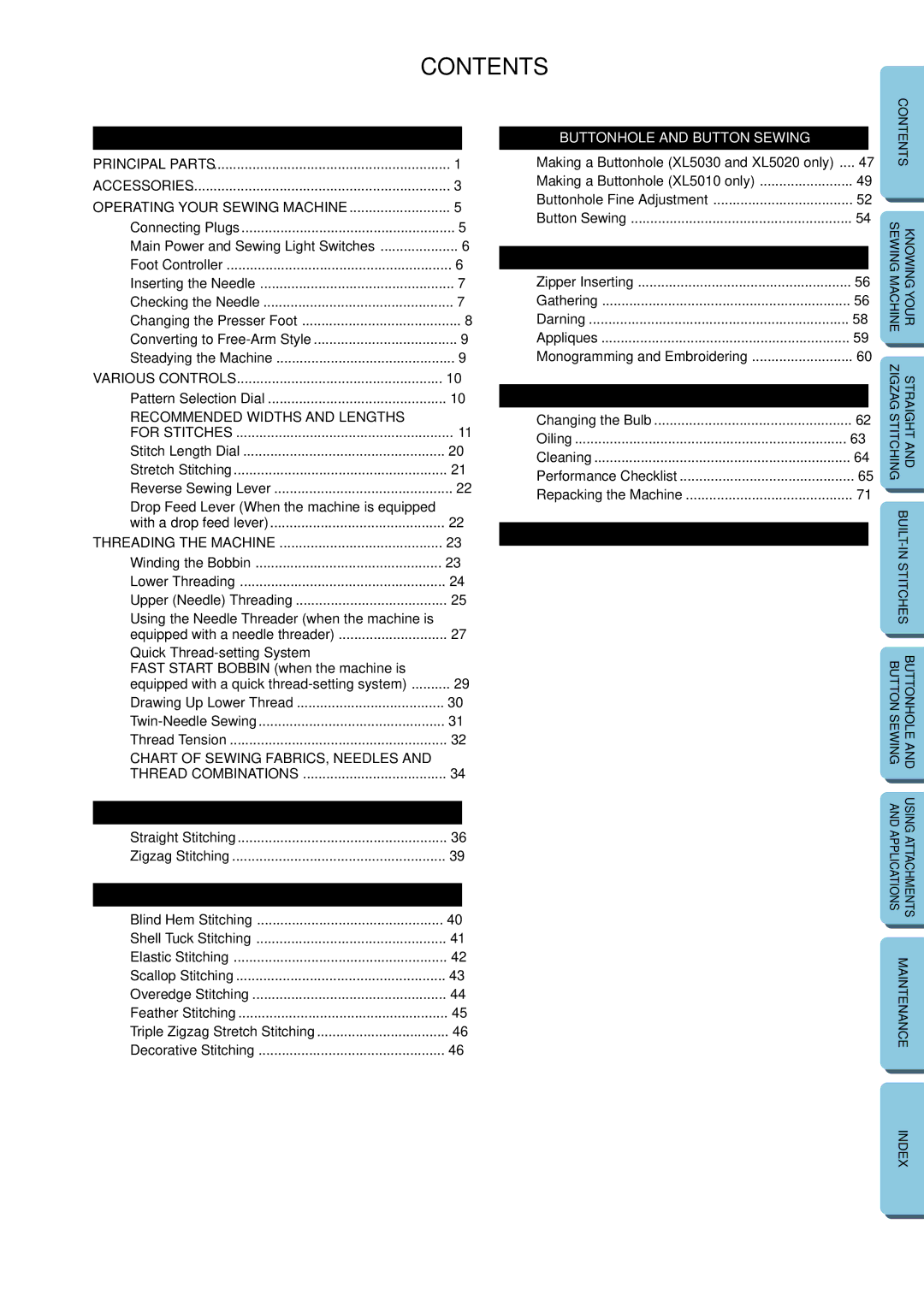 Brother XL-5032, XL-5012 instruction manual Contents 