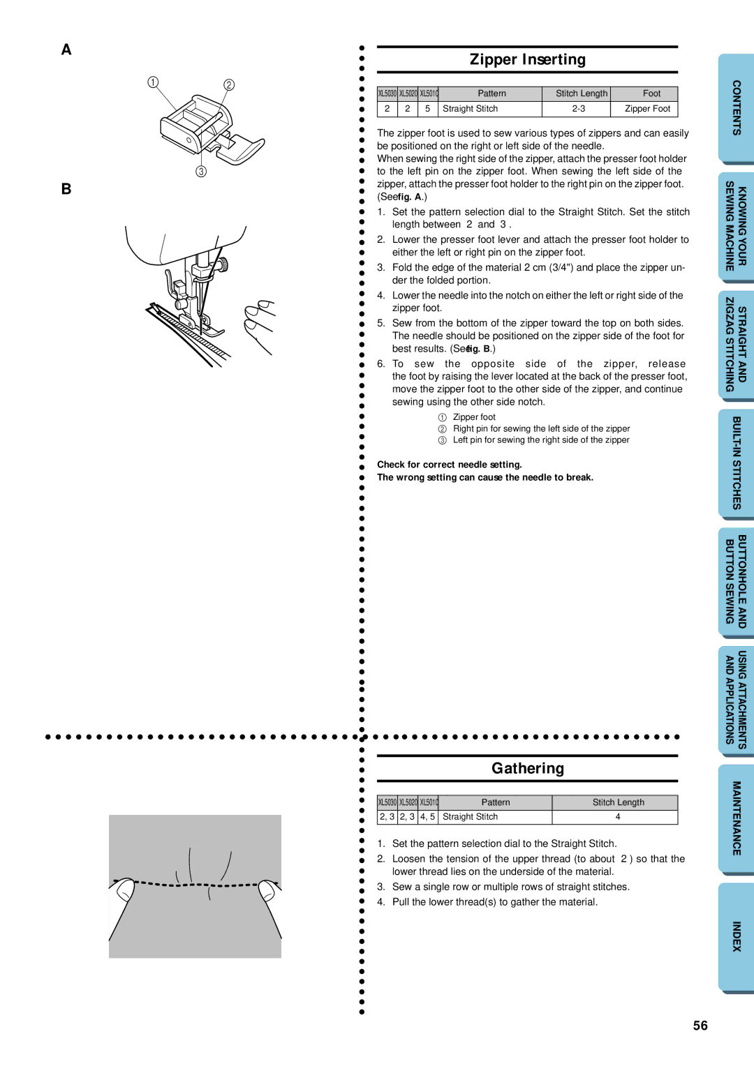 Brother XL-5032, XL-5012 instruction manual Zipper Inserting, Gathering 