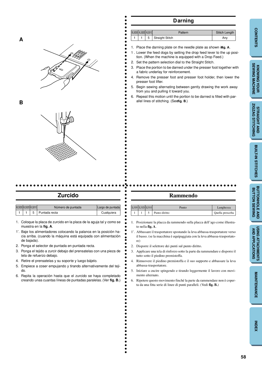 Brother XL-5032, XL-5012 instruction manual Zurcido, Darning, Rammendo 