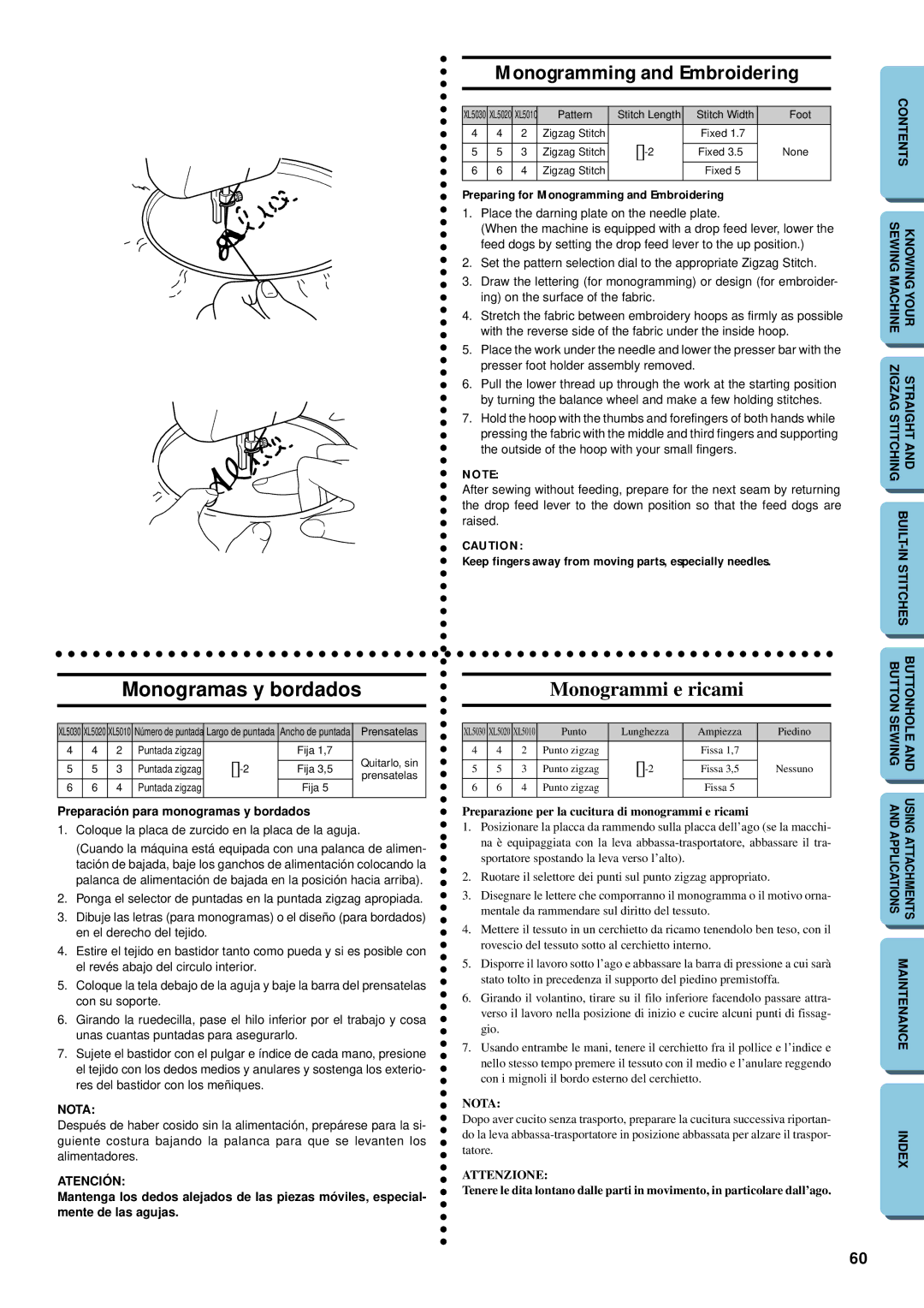 Brother XL-5032, XL-5012 instruction manual Monogramming and Embroidering, Monogramas y bordados, Monogrammi e ricami 