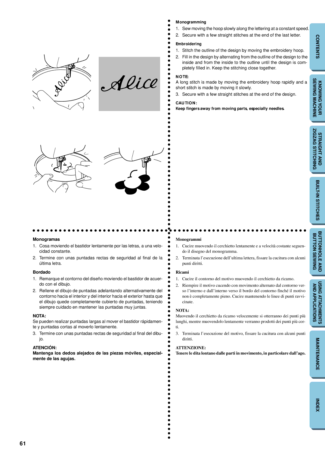 Brother XL-5012, XL-5032 instruction manual Monogramas, Bordado, Embroidering, Monogrammi, Ricami 