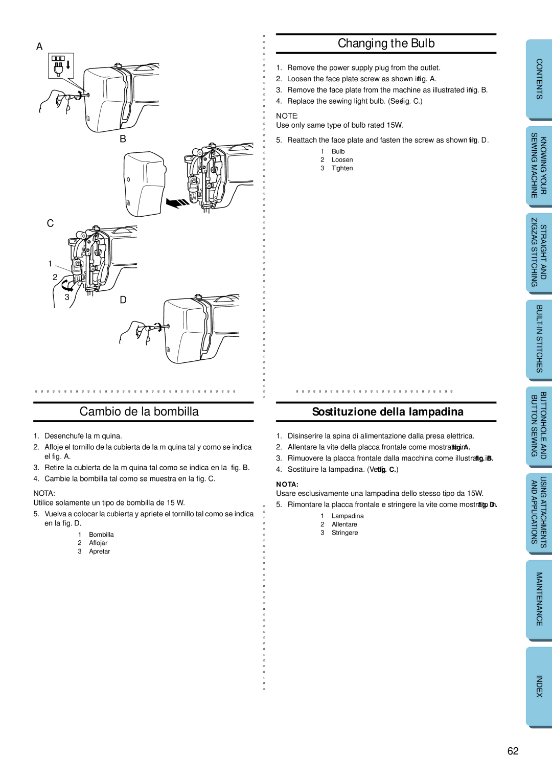 Brother XL-5032, XL-5012 instruction manual Cambio de la bombilla, Changing the Bulb, Sostituzione della lampadina 