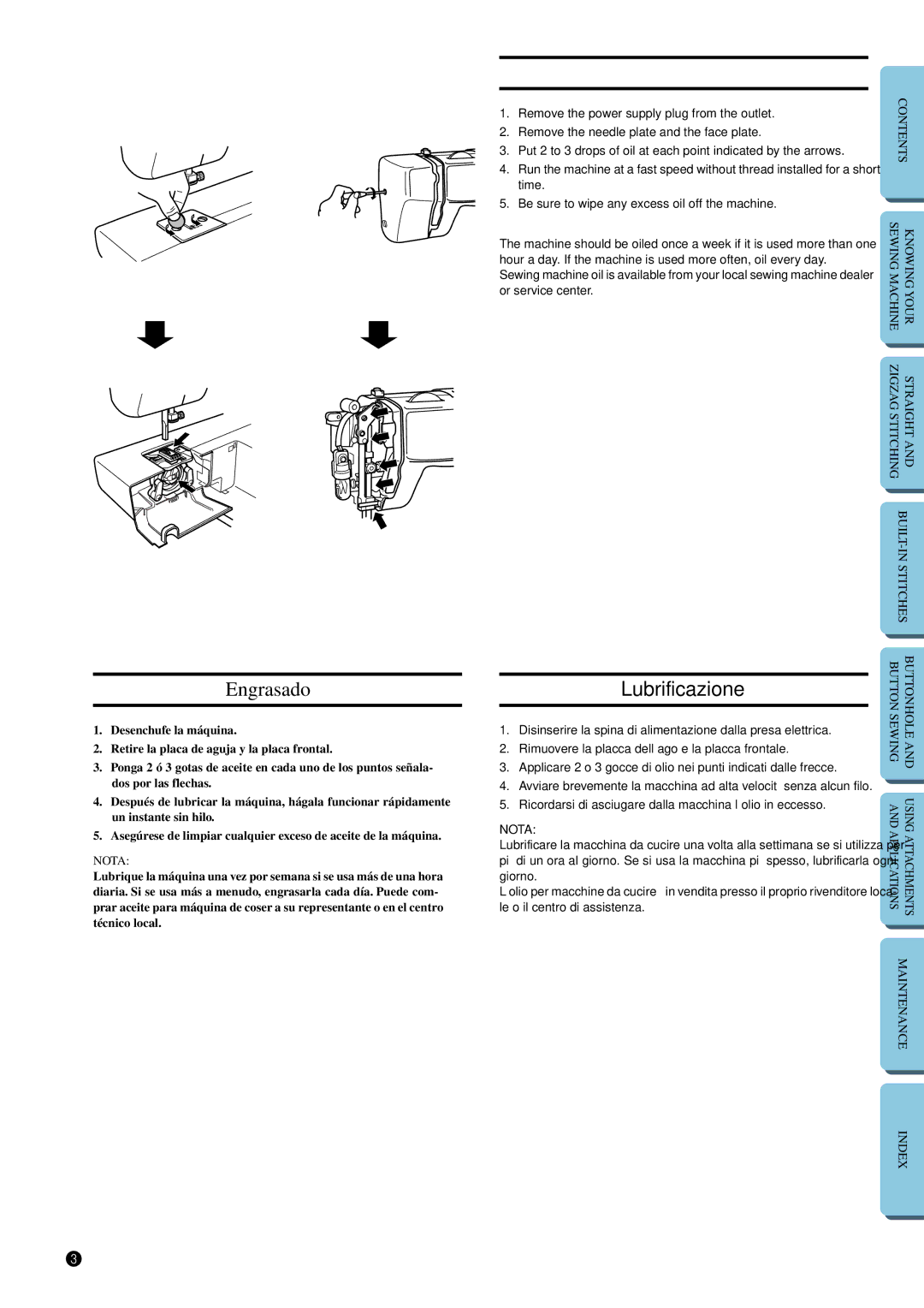 Brother XL-5012, XL-5032 instruction manual Engrasado, Oiling, Lubrificazione 