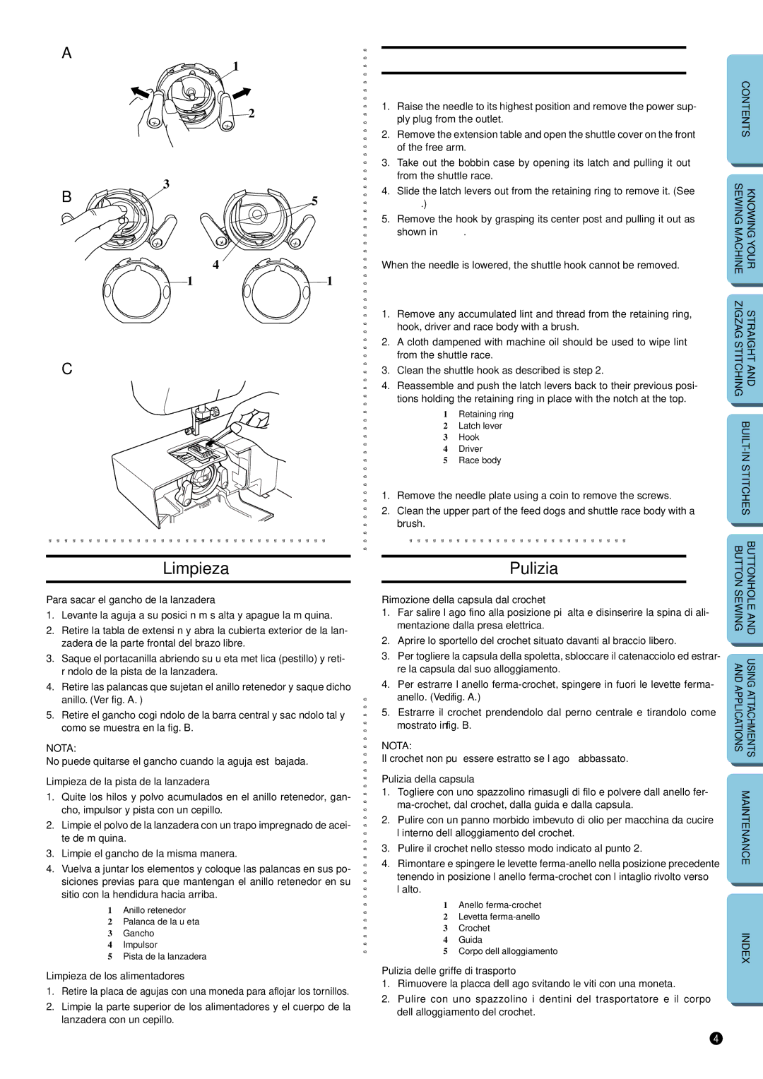 Brother XL-5032, XL-5012 instruction manual Cleaning, Limpieza, Pulizia 