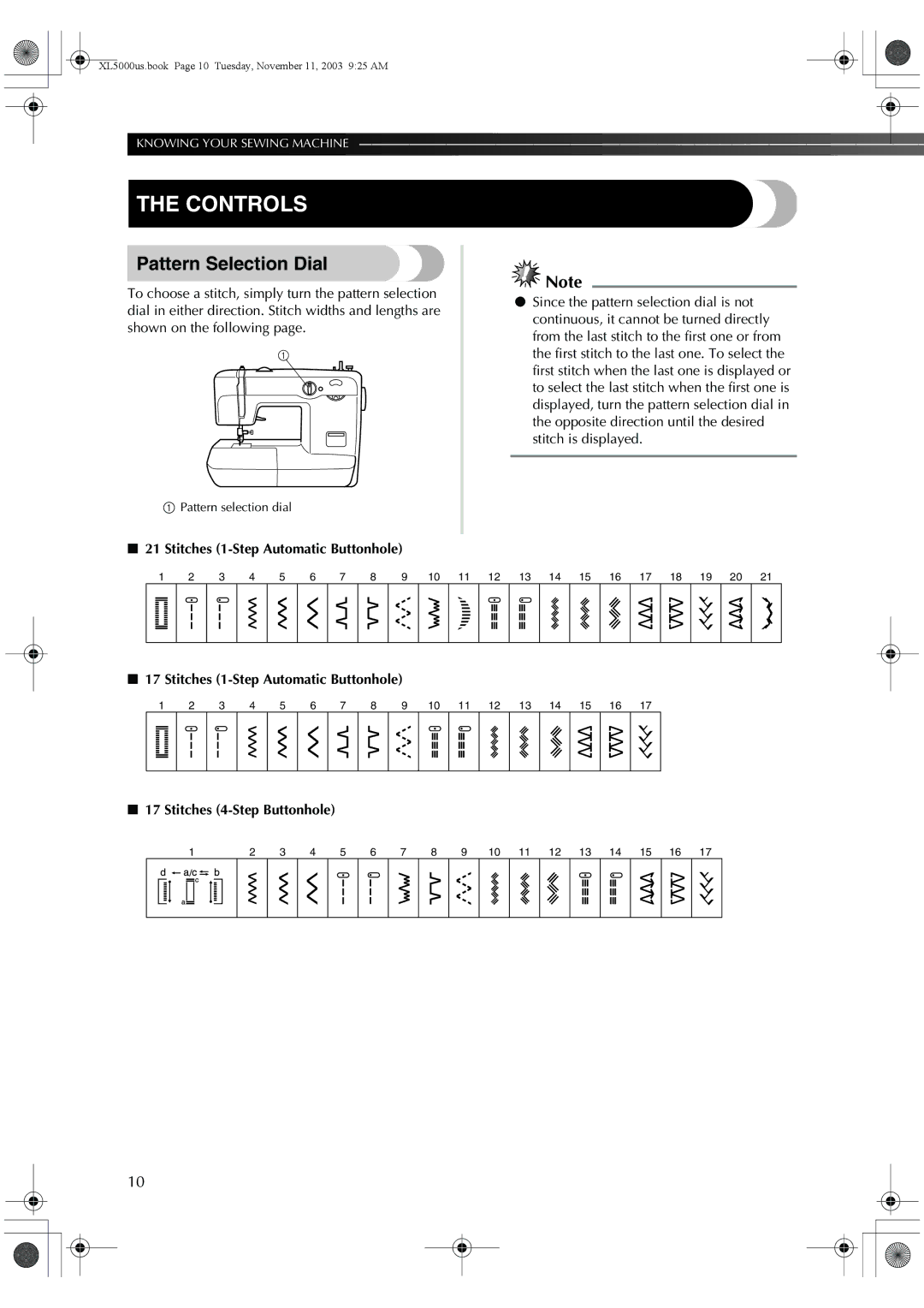 Brother XL-5070, XL-5060, XL-5051, XL-5071, XL-5061, XL5050 operation manual Controls, Pattern Selection Dial 