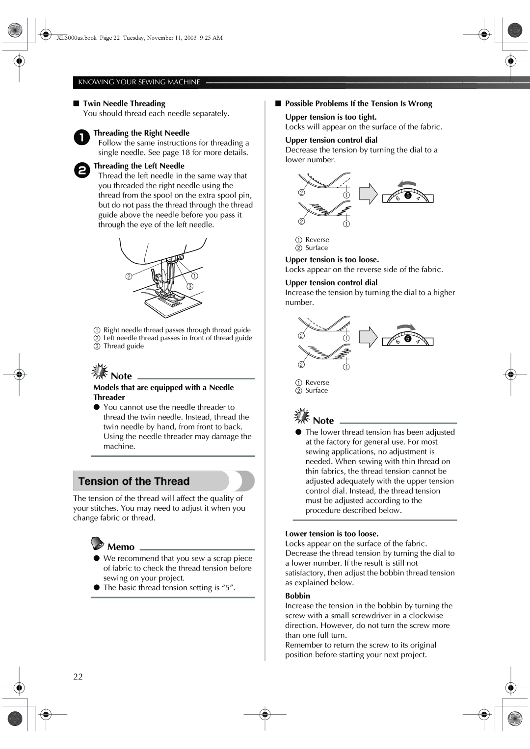 Brother XL-5070, XL-5060, XL-5051, XL-5071, XL-5061, XL5050 operation manual Tension of the Thread 