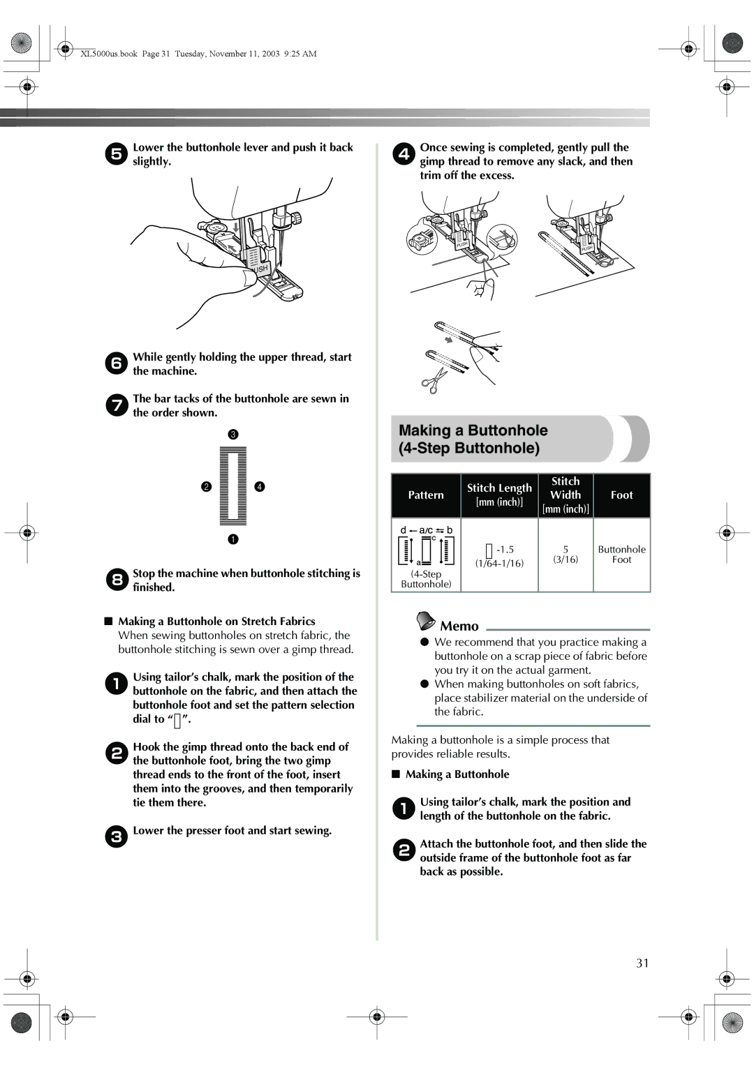 Brother XL-5071, XL-5060, XL-5051, XL-5061, XL5050, XL-5070 operation manual Making a Buttonhole Step Buttonhole, Stitch Length 