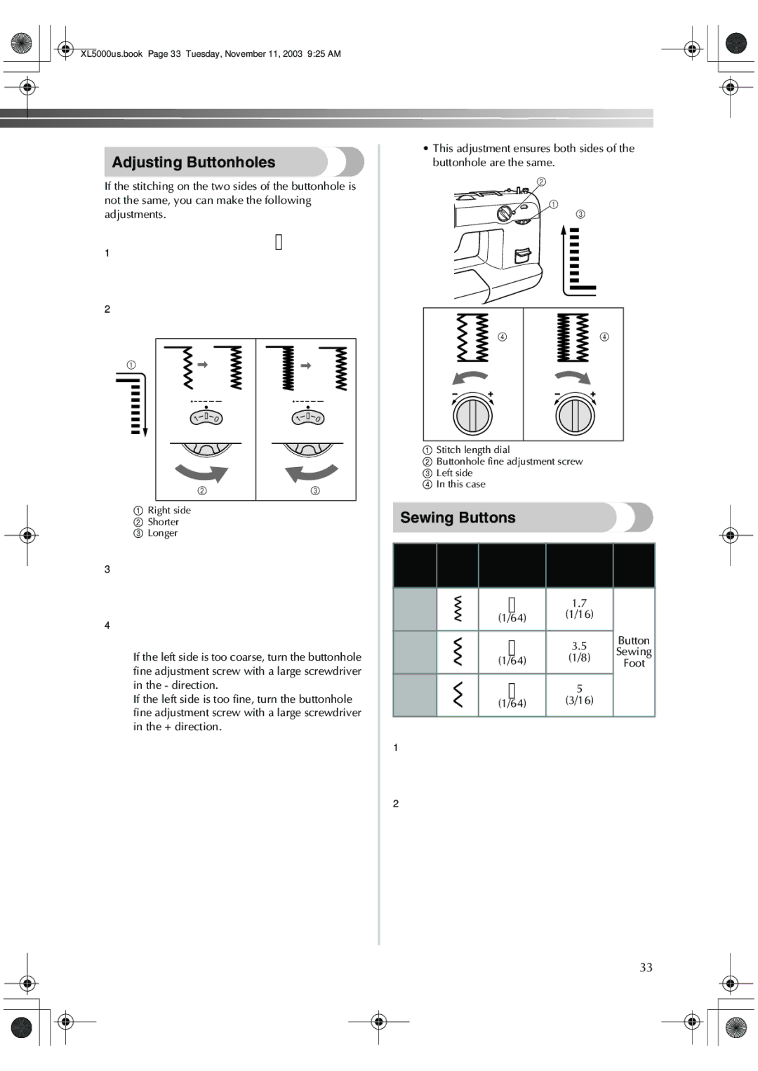 Brother XL5050, XL-5060, XL-5051, XL-5071, XL-5061, XL-5070 operation manual Adjusting Buttonholes, Sewing Buttons 