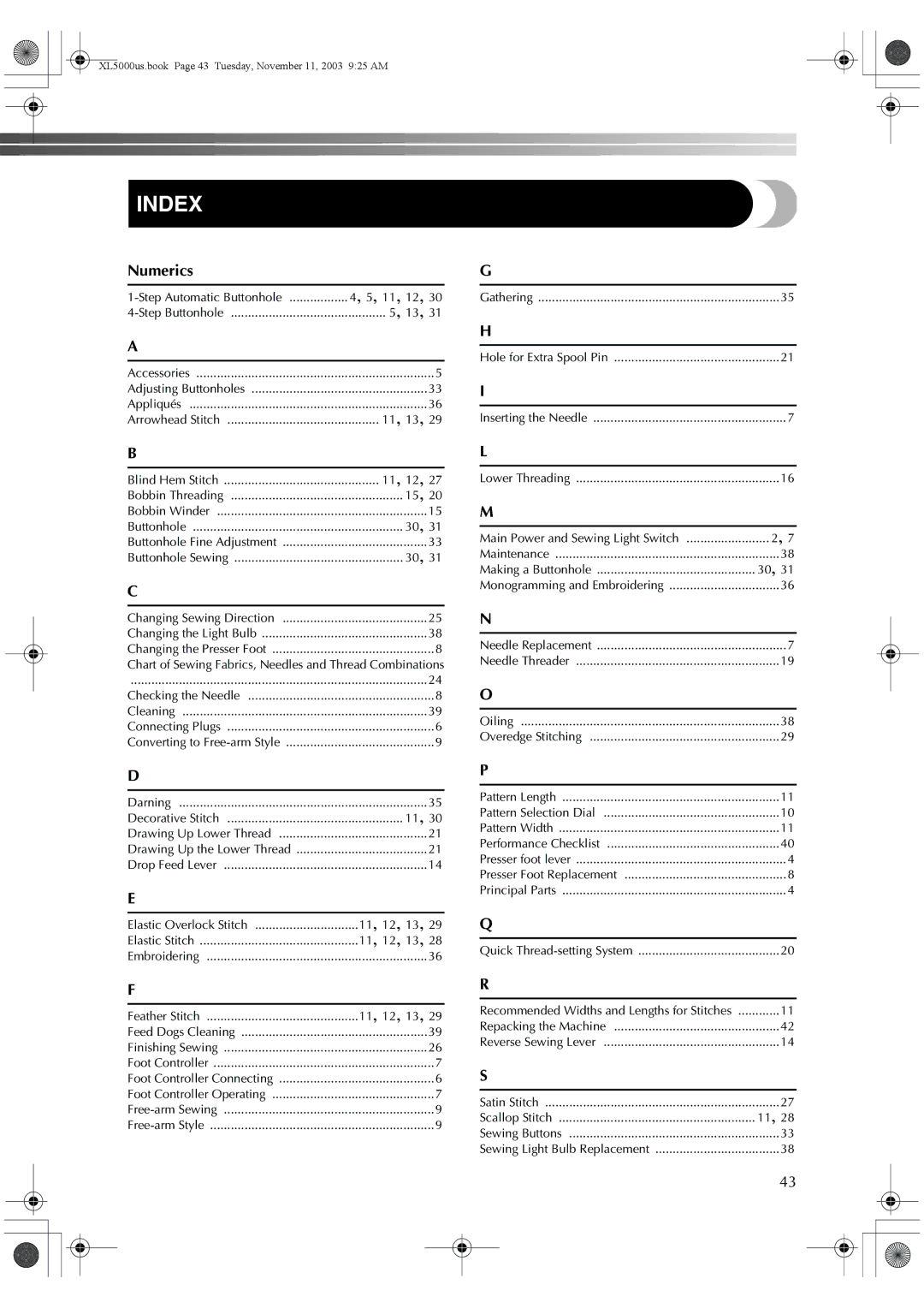 Brother XL-5071, XL-5060, XL-5051, XL-5061, XL5050, XL-5070 operation manual Index, Numerics 