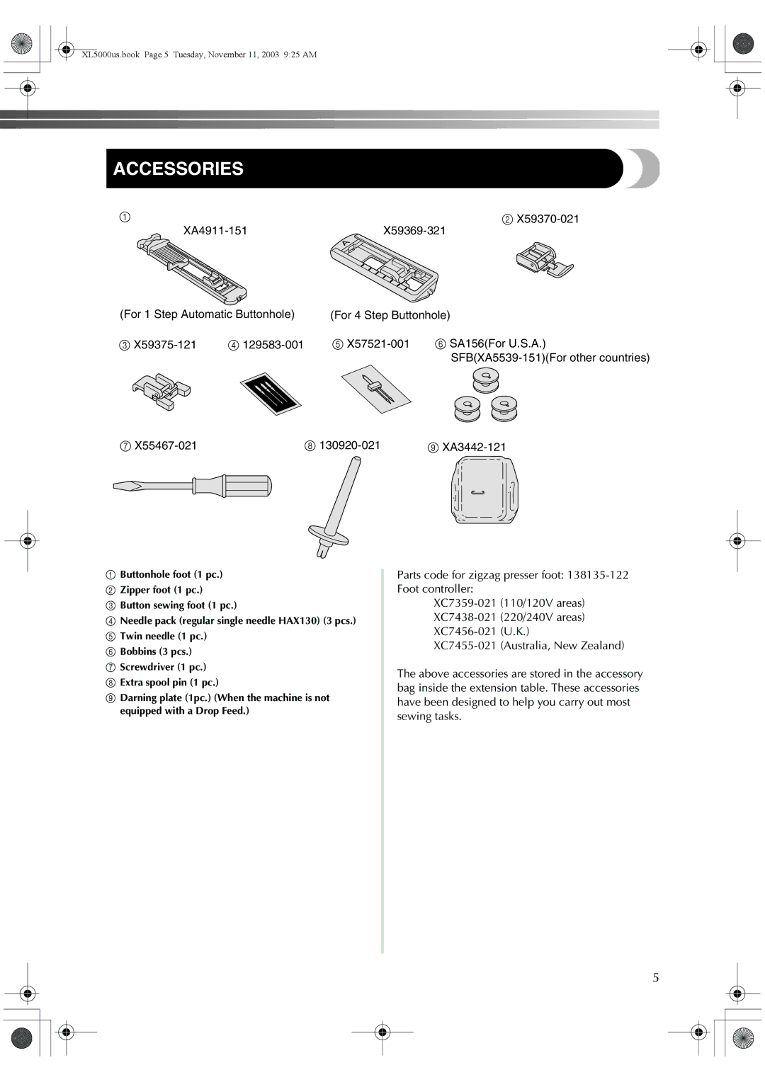 Brother XL-5060, XL-5051, XL-5071, XL-5061, XL5050, XL-5070 operation manual Accessories 