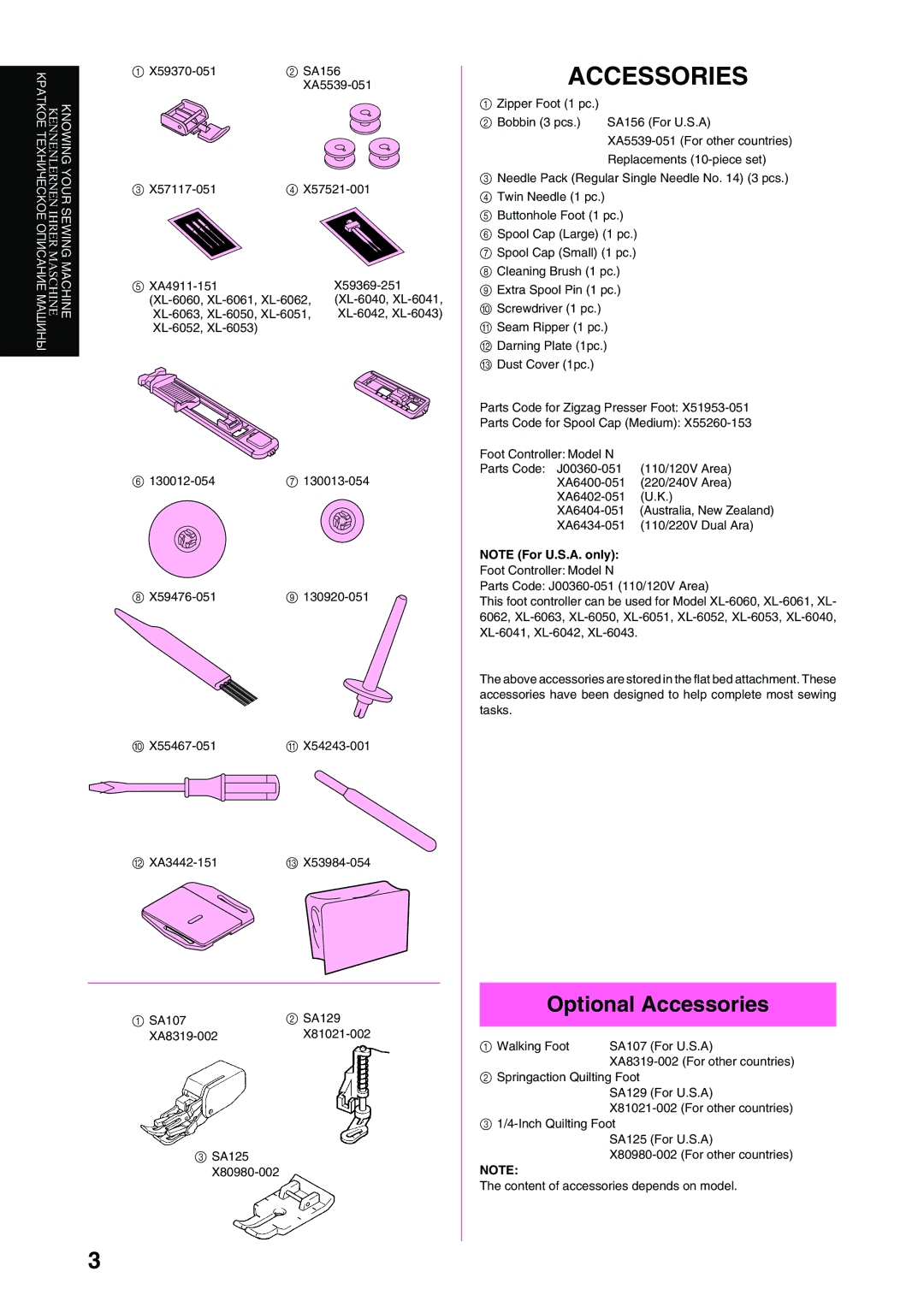 Brother XL-6040 important safety instructions Optional Accessories 