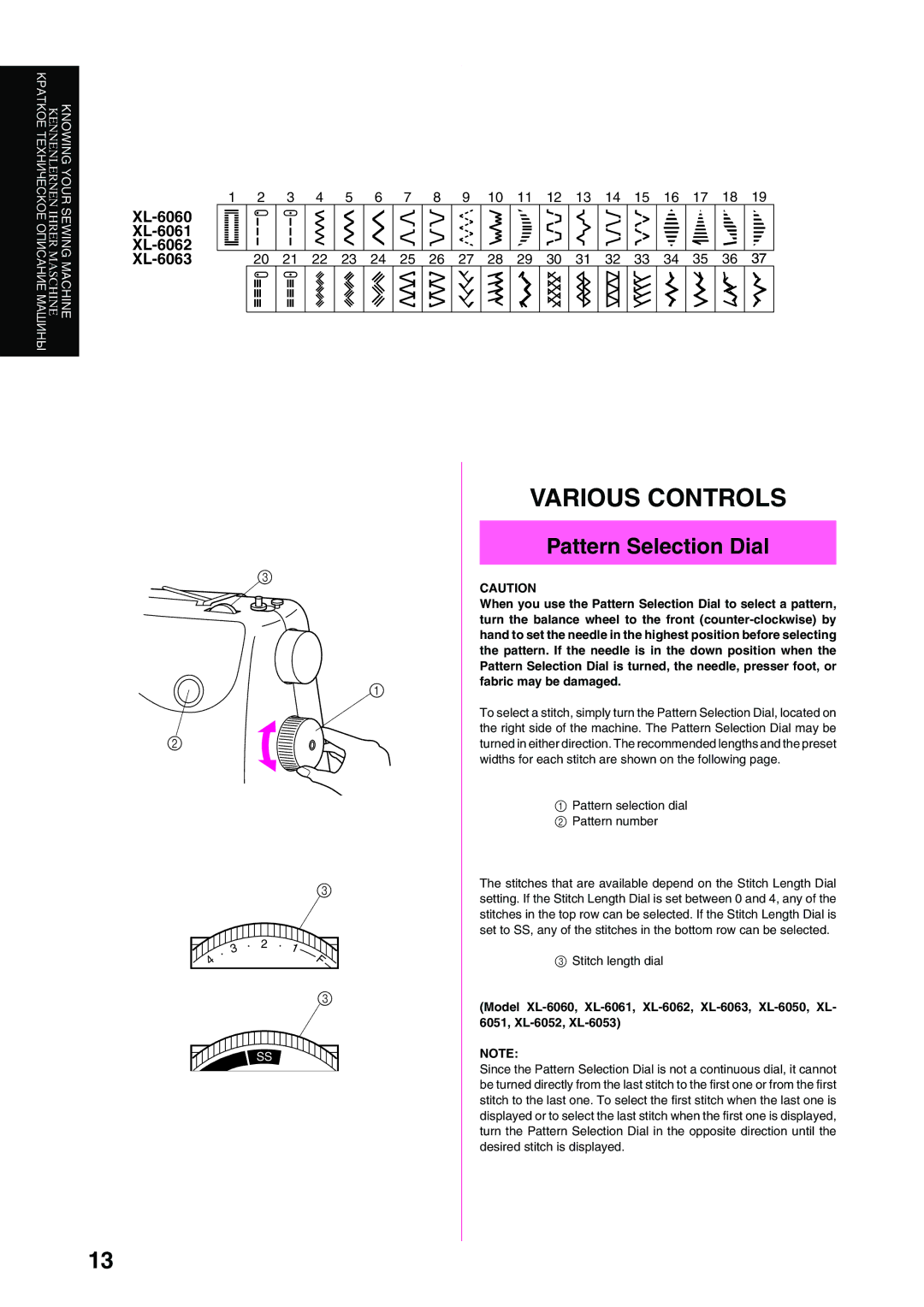 Brother XL-6040 important safety instructions Various Controls, Pattern Selection Dial 