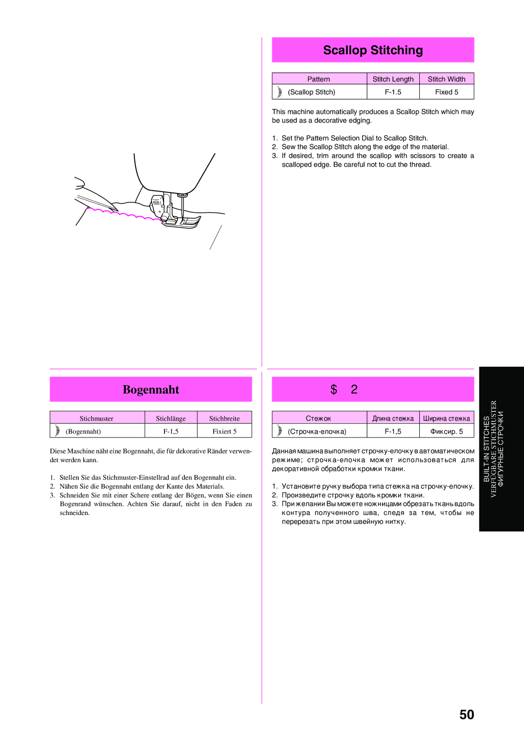 Brother XL-6040 important safety instructions Bogennaht, Scallop Stitching, Стежок Длина стежка Строчка-елочка 