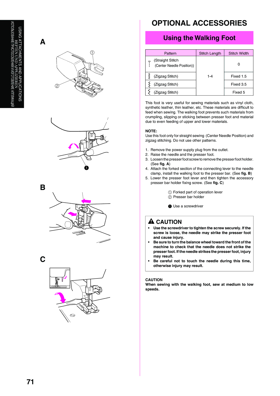 Brother XL-6040 important safety instructions Using the Walking Foot, Optional Accessories 