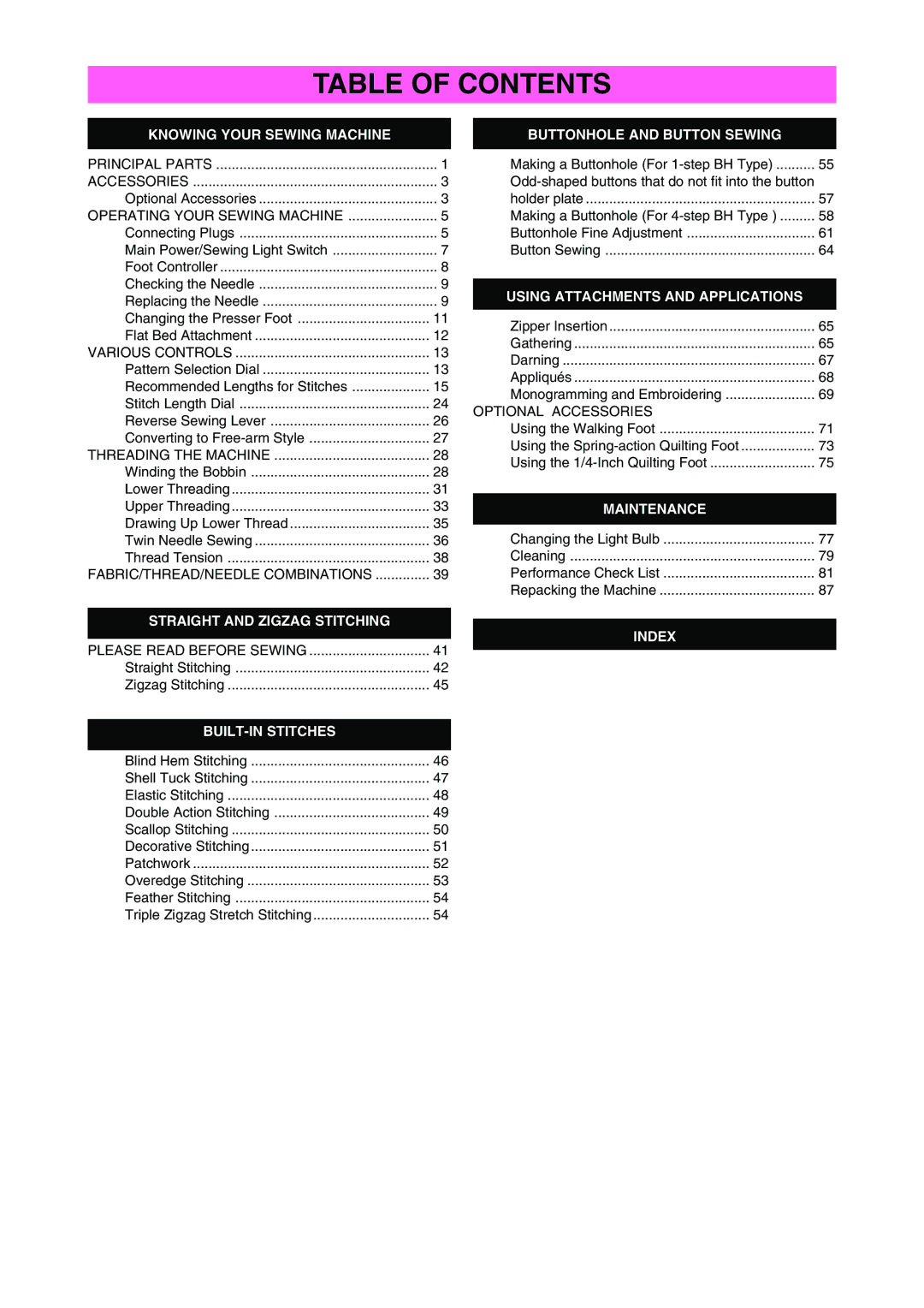 Brother XL-6040 important safety instructions Table of Contents 