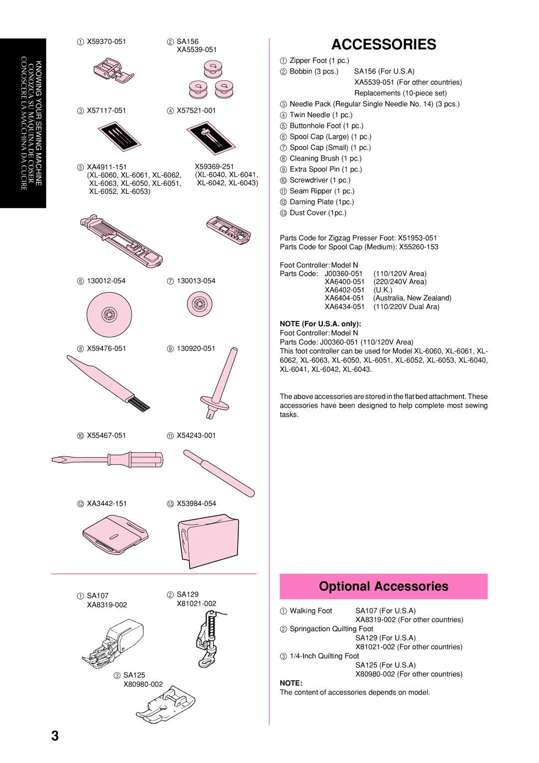 Brother XL-6041, XL-6053, XL-6050, XL-6060, XL-6062, XL-6042, XL-6051, XL-6061 Optional Accessories, DA Cucirede Cosermachine 