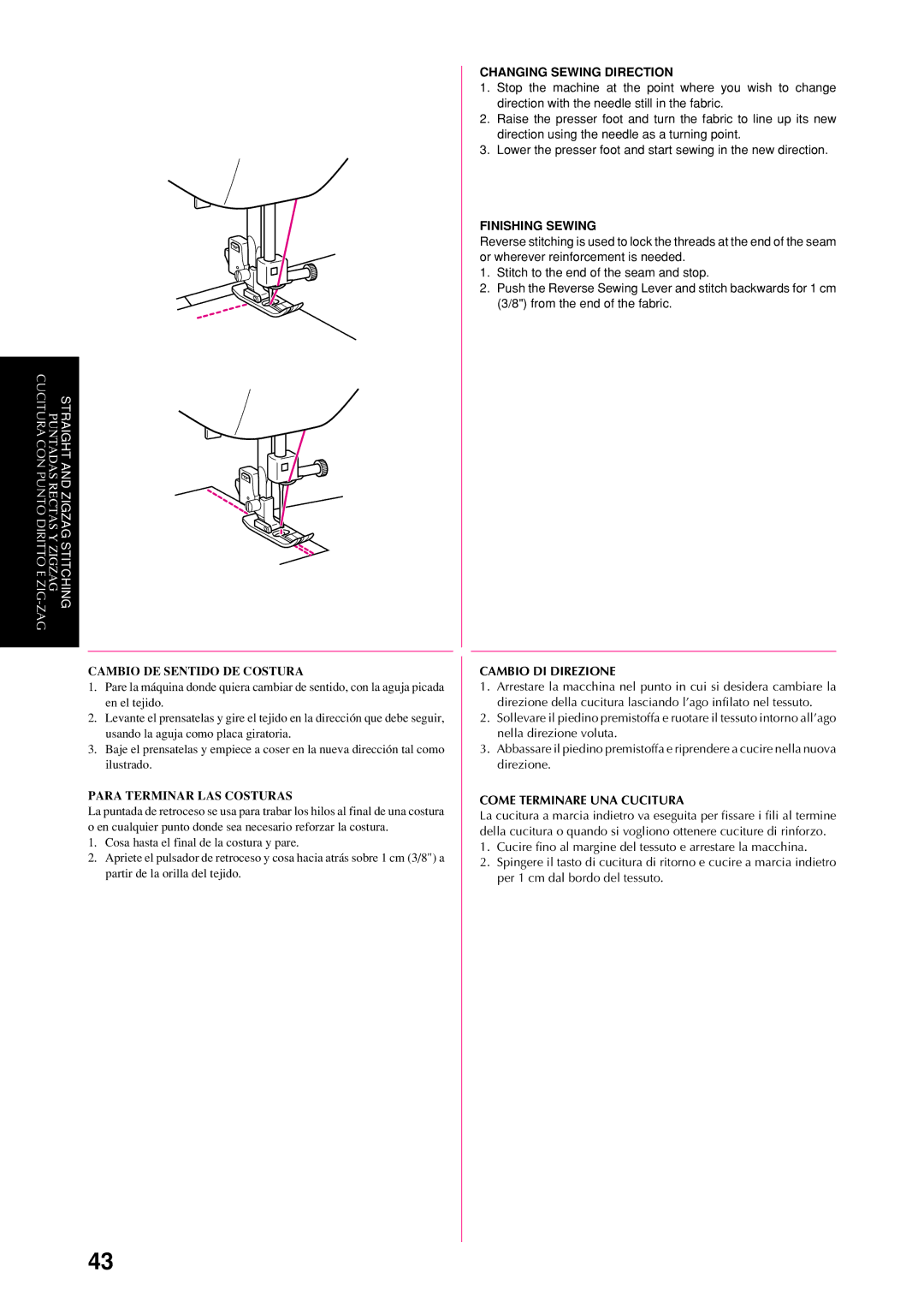 Brother XL-6053, XL-6050 Changing Sewing Direction, Finishing Sewing, Cambio DI Direzione, Come Terminare UNA Cucitura 