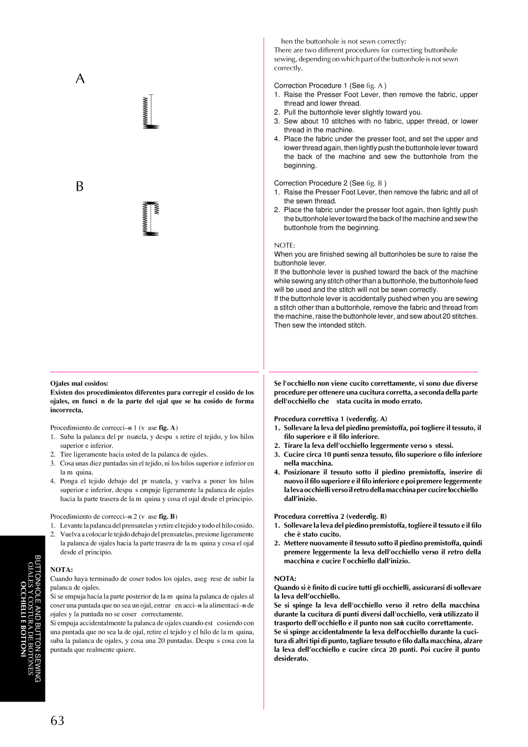 Brother XL-6063, XL-6053, XL-6050, XL-6060, XL-6062, XL-6041, XL-6042, XL-6051 Procedimiento de corrección 2 véase fig. B 