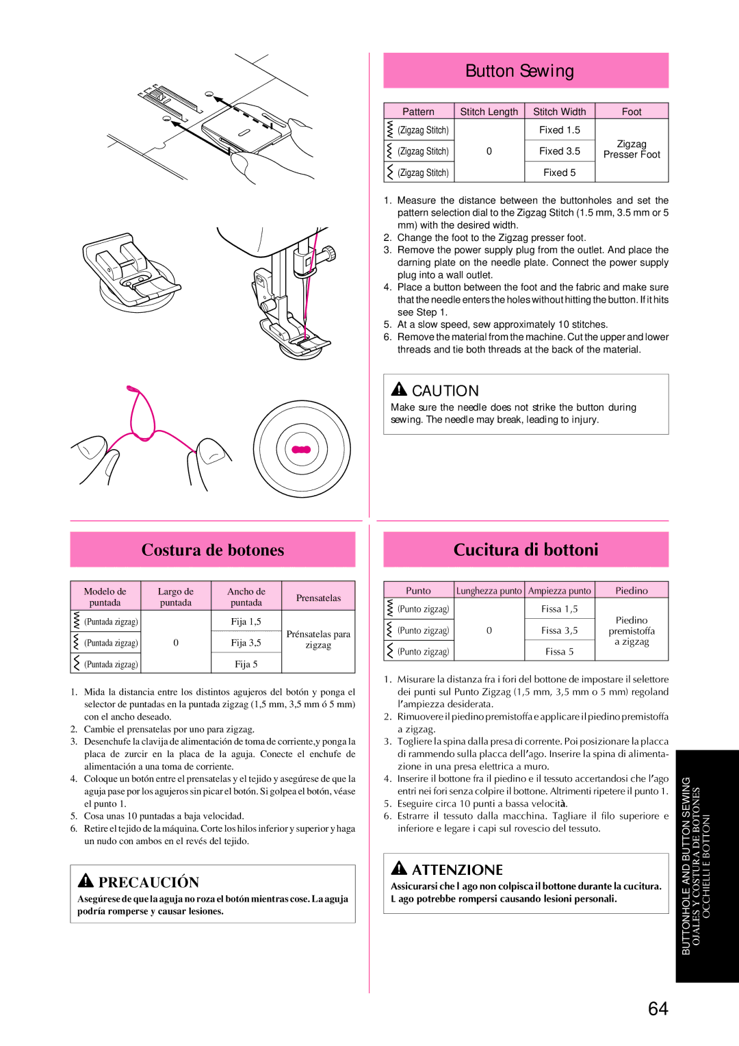 Brother XL-6052, XL-6053, XL-6050, XL-6060, XL-6062, XL-6041, XL-6042 Button Sewing, Costura de botones, Cucitura di bottoni 