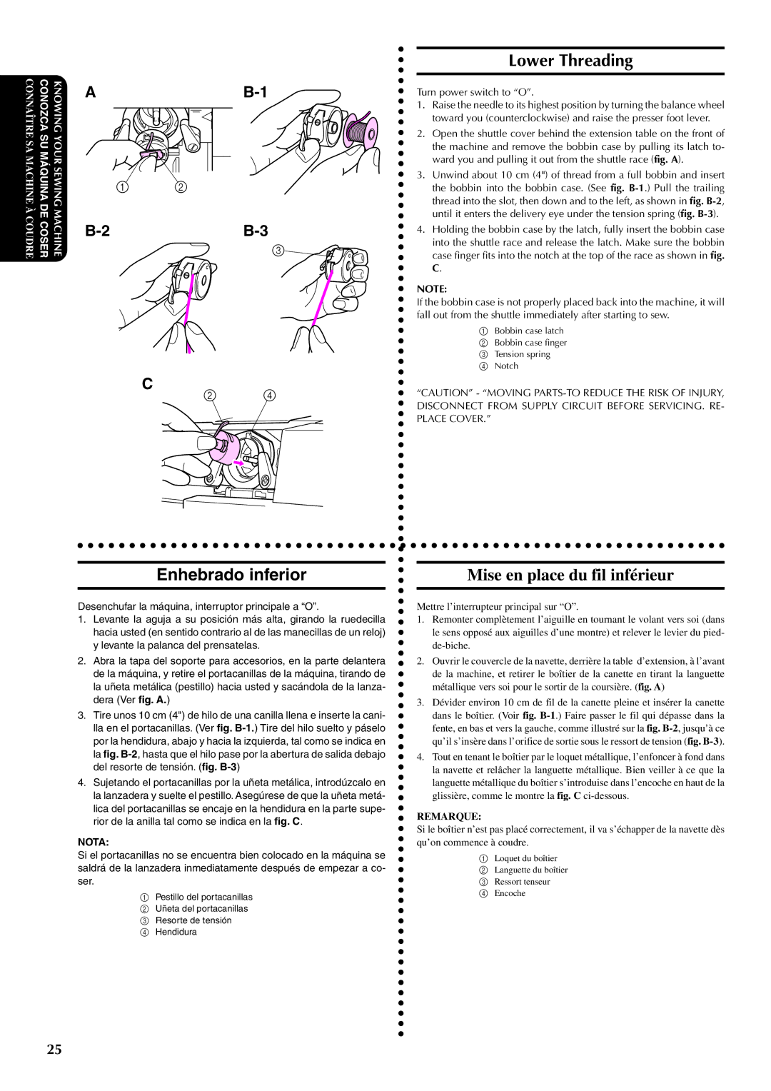 Brother XL5300, XL5200, XL5100 instruction manual Lower Threading, Enhebrado inferior, Mise en place du fil inférieur 