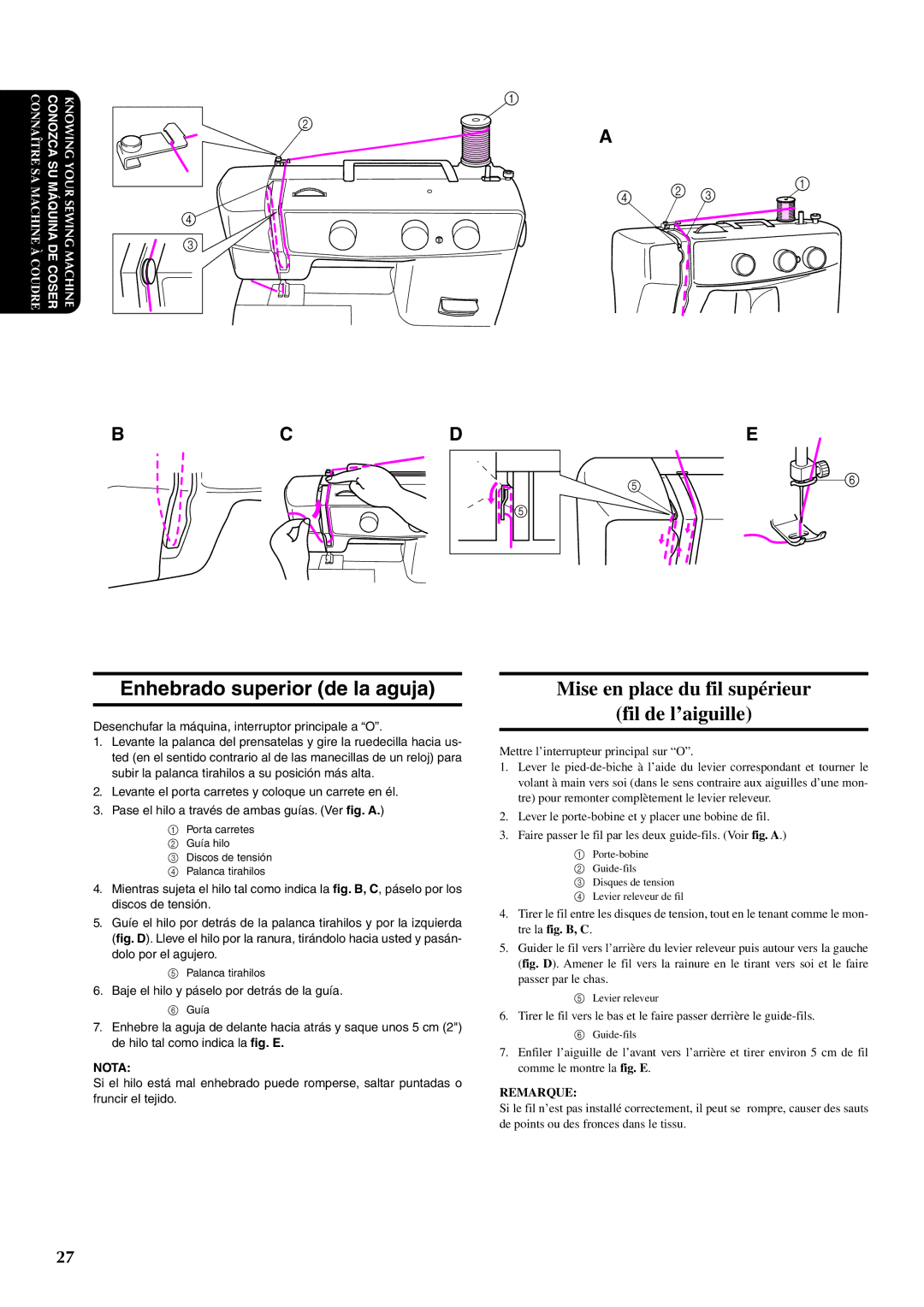 Brother XL5200, XL5300, XL5100 Enhebrado superior de la aguja, Mise en place du fil supérieur Fil de l’aiguille 