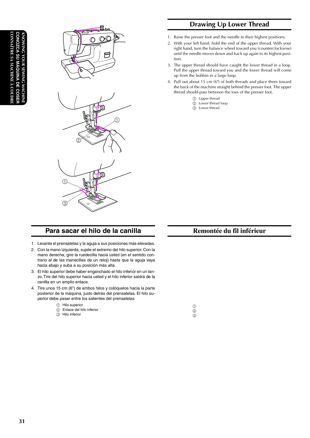 Brother XL5300, XL5200, XL5100 Drawing Up Lower Thread, Para sacar el hilo de la canilla, Remontée du fil inférieur 