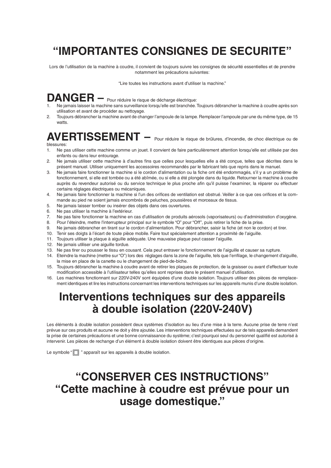 Brother XL5100, XL5200, XL5300 instruction manual Importantes Consignes DE Securite 