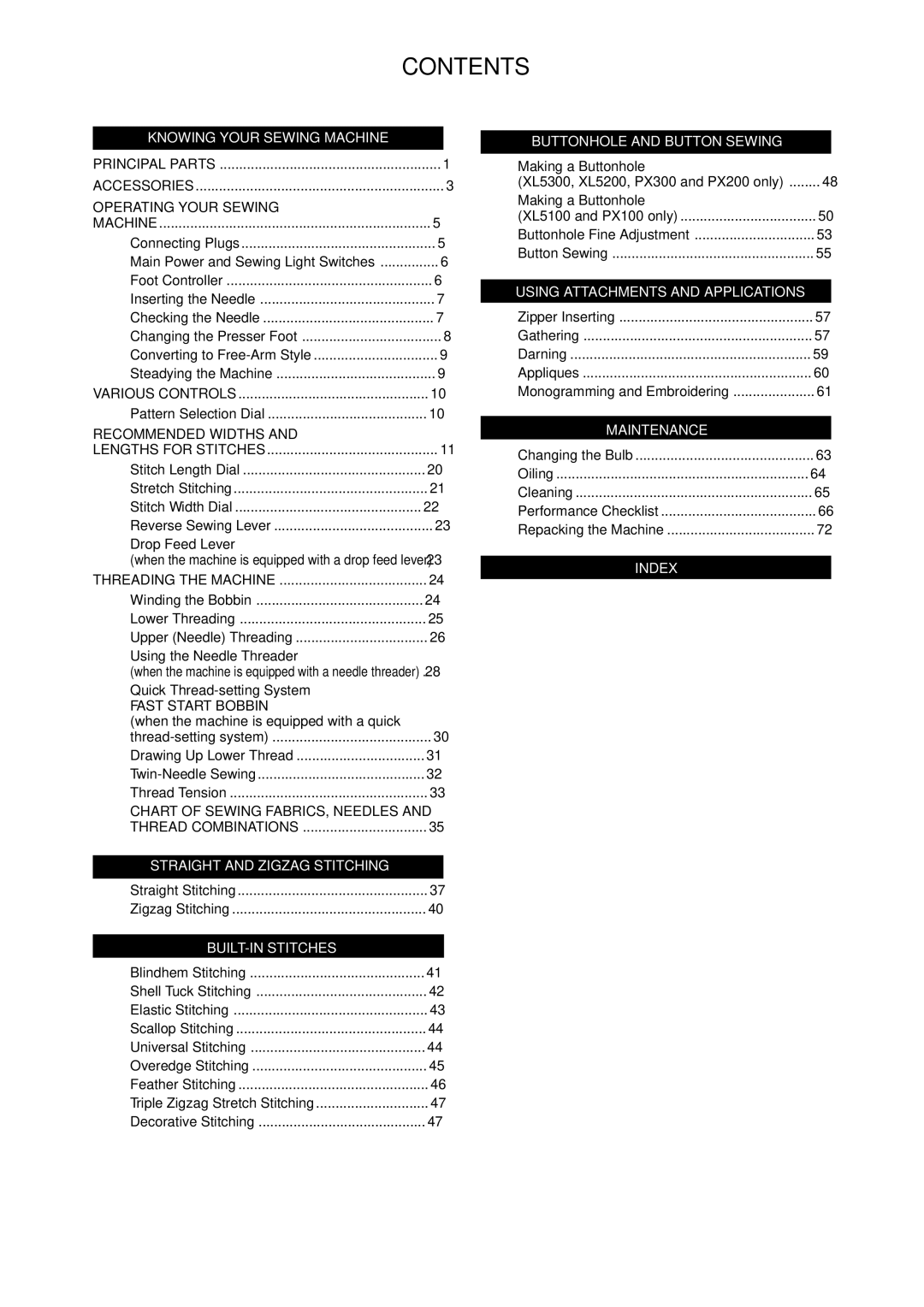 Brother XL5300, XL5200, XL5100 instruction manual Contents 