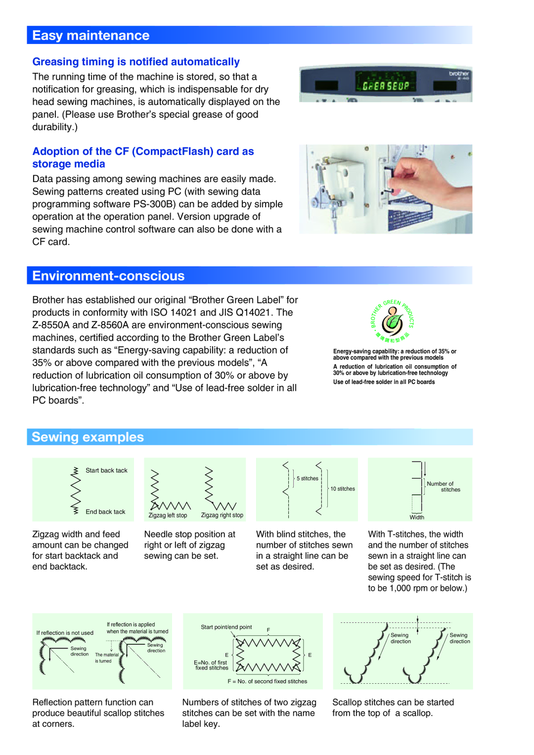 Brother Z-8560A manual Easy maintenance, Environment-conscious, Sewing examples, Greasing timing is notified automatically 