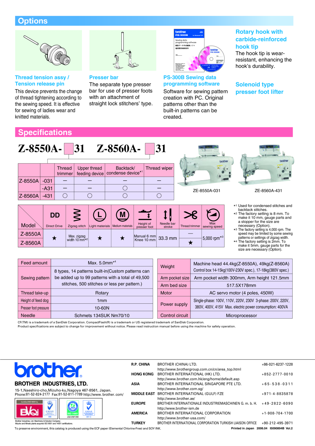 Brother Z-8550A manual Options, Z-8560A, Specifications, Rotary hook with carbide-reinforced hook tip, Presser bar 