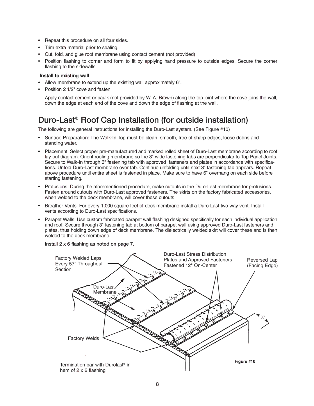 Brown and Son WA Cooler & Freezer manual Duro-LastRoof Cap Installation for outside installation, Install to existing wall 