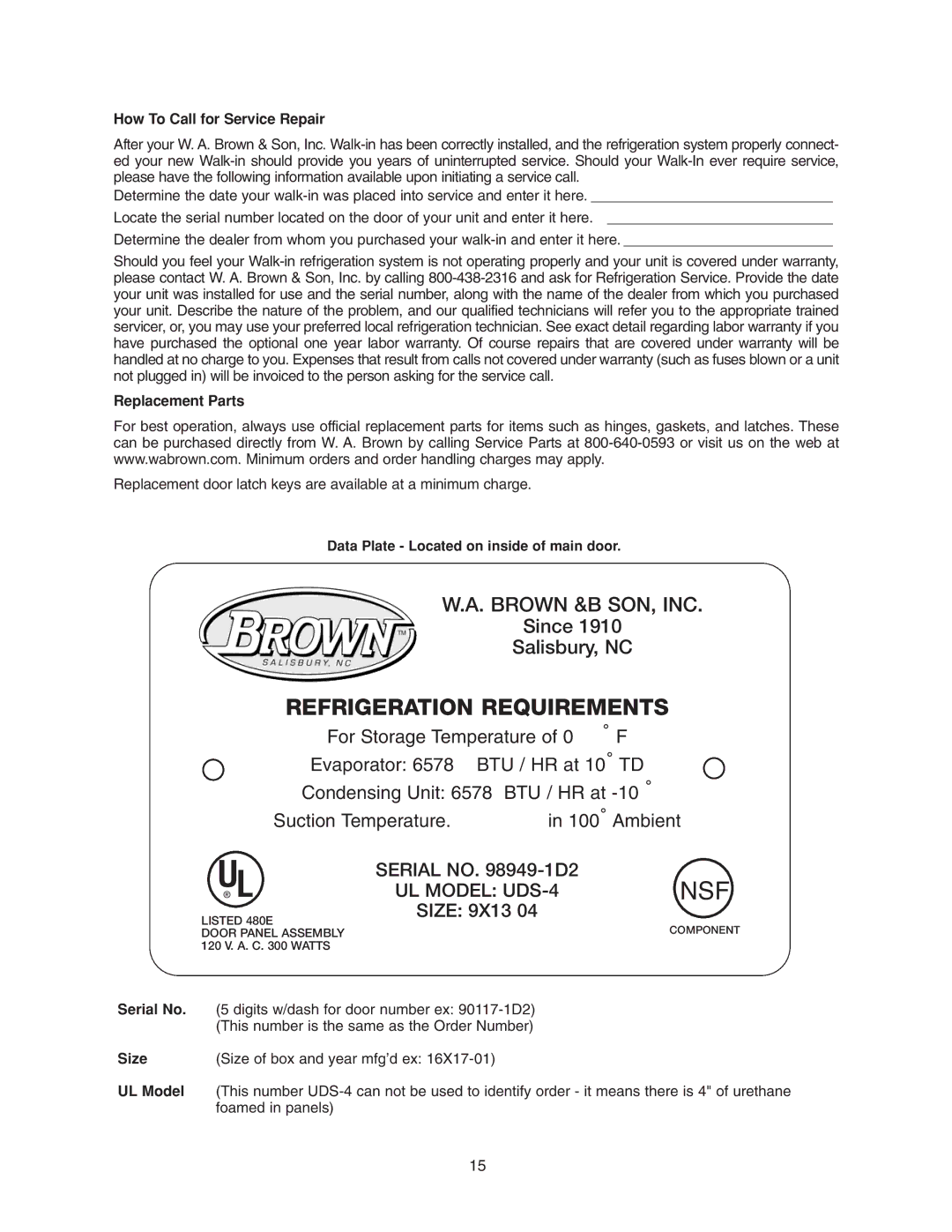 Brown and Son WA Cooler & Freezer manual How To Call for Service Repair, Replacement Parts, Size 