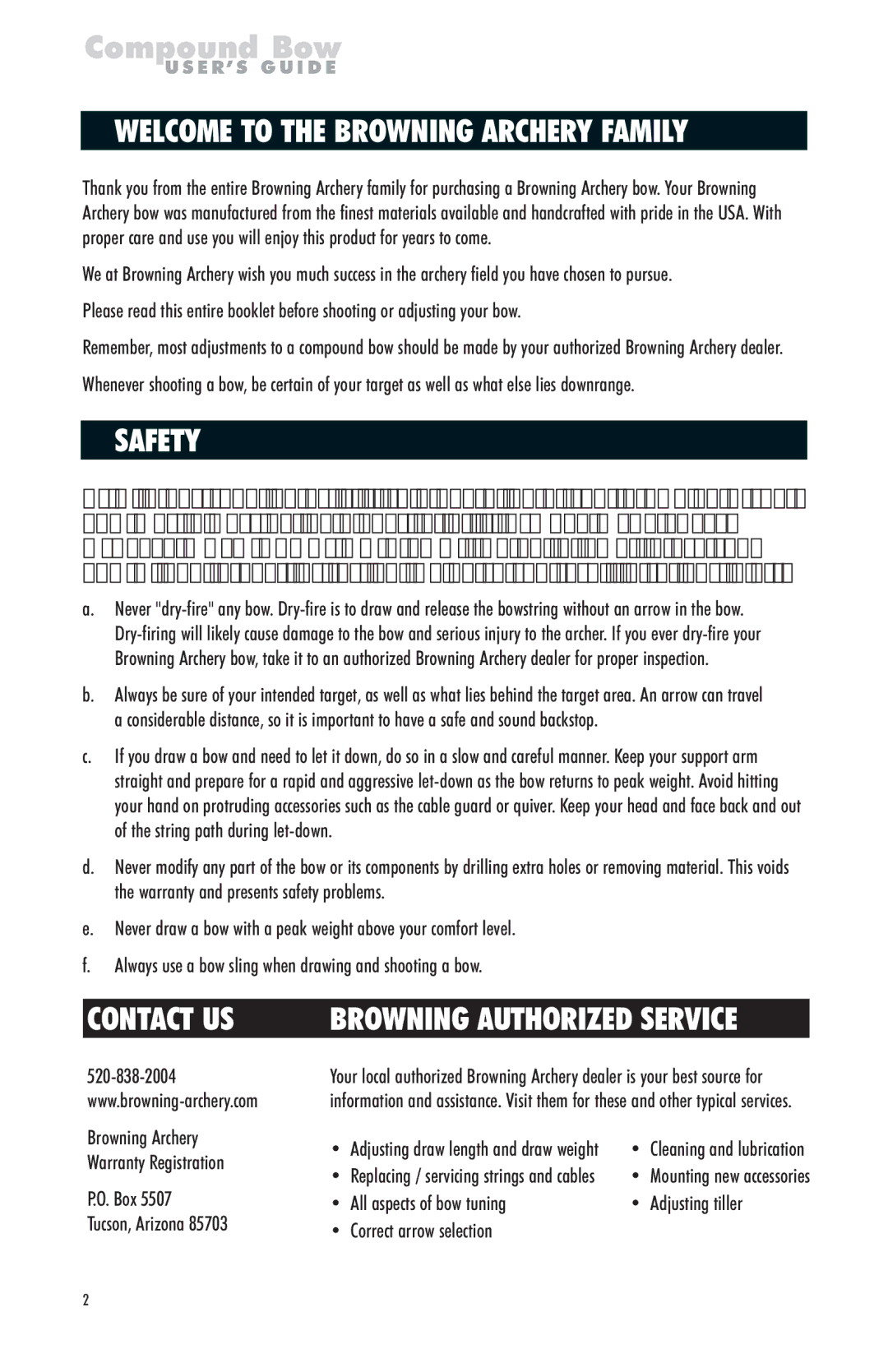 Browning Hunting Equipment manual Welcome to the Browning Archery Family, Safety, Contact US, Browning Authorized Service 