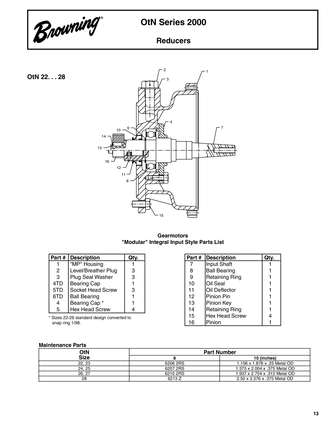 Browning OtN Series 2000 manual 6TD, Maintenance Parts OtN Part Number Size 