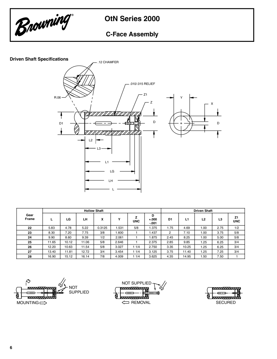 Browning OtN Series 2000 manual Face Assembly, Driven Shaft Specifications 