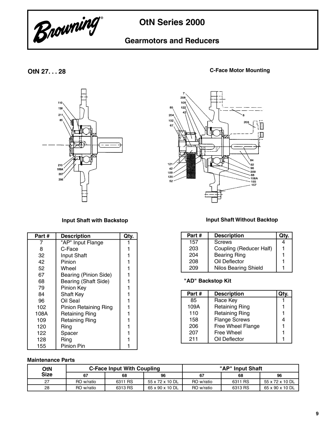 Browning OtN Series 2000 manual OtN 27, Input Shaft with Backstop, AD Backstop Kit Description Qty 