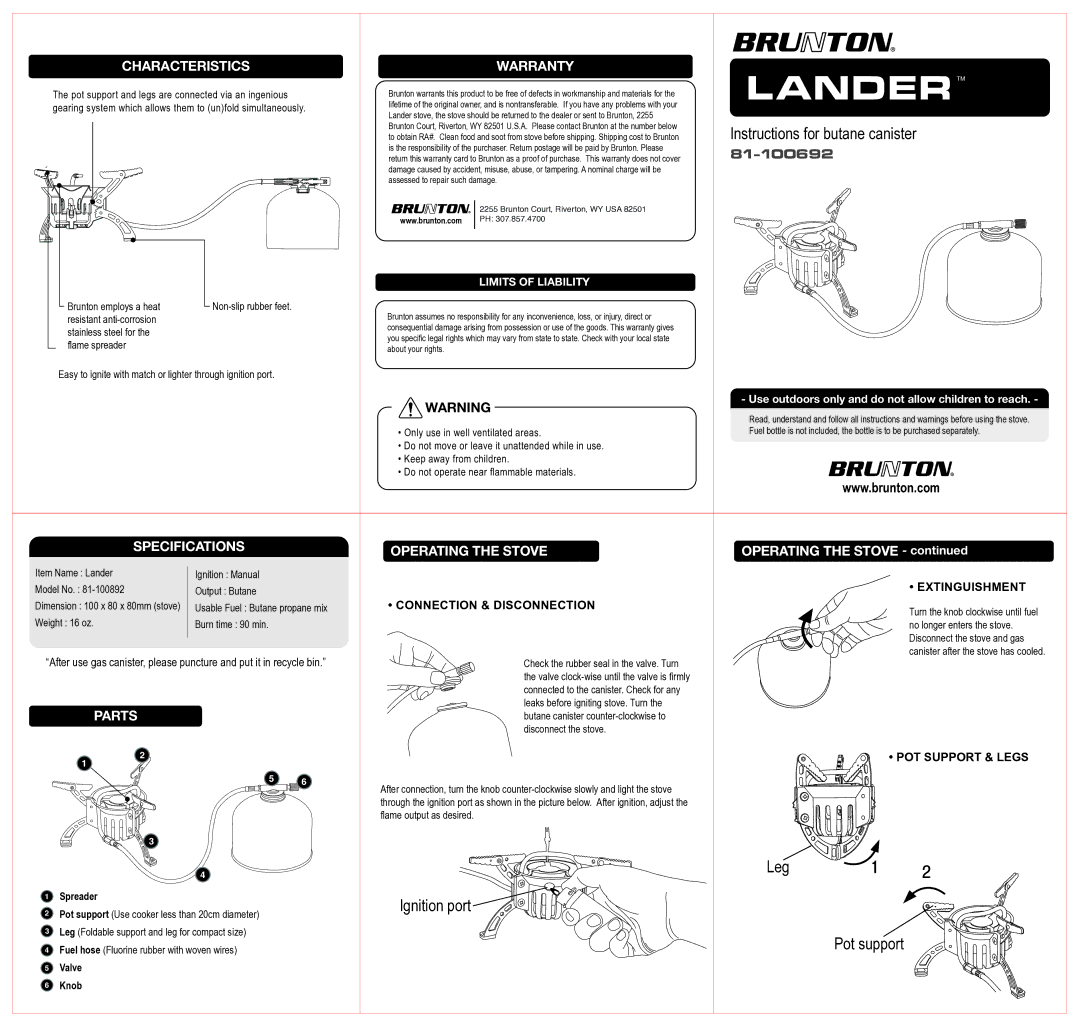 Brunton 81-100692 specifications Instructions for butane canister, Leg, Ignition port, Pot support, Operating the Stove 