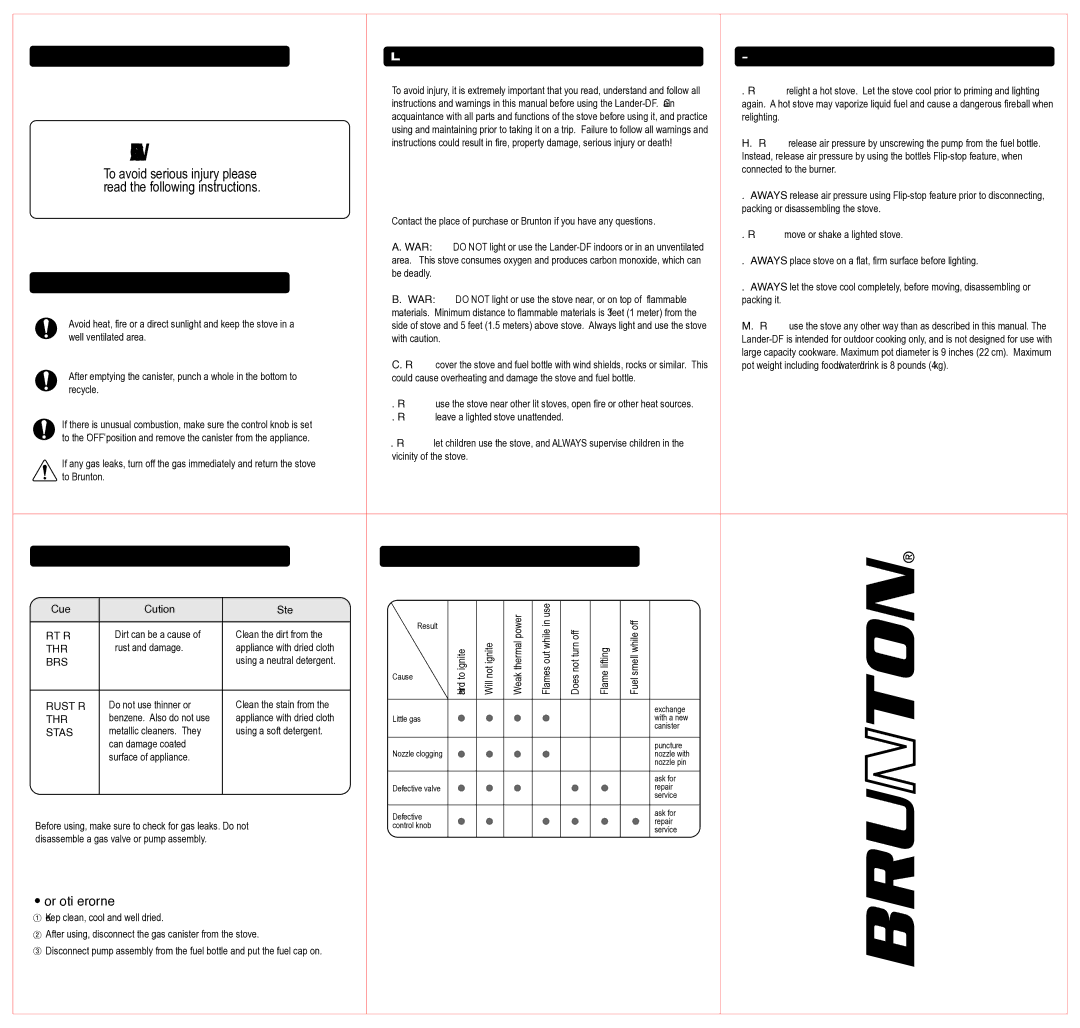 Brunton 81-100692 specifications Safety Instructions, Maintenance, Troubleshooting 