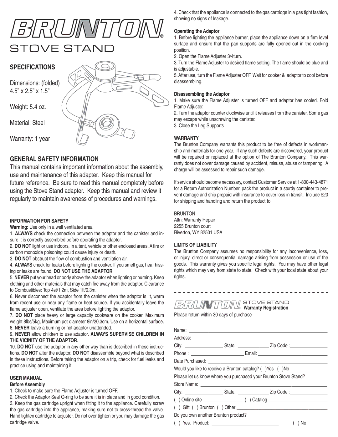 Brunton 81-100695~22.5 user manual Information for Safety, Before Assembly, Operating the Adaptor, Warranty Registration 