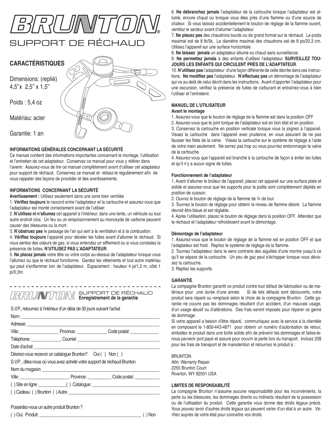 Brunton 81-100695~22.5 user manual Dimensions replié 4,5’’x 2,5’’ x 1,5’’, Enregistrement de la garantie 