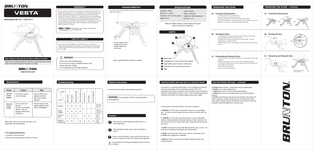Brunton 81-100727 warranty Warranty, Characteristics, Specifications Operating the Stove, Parts 