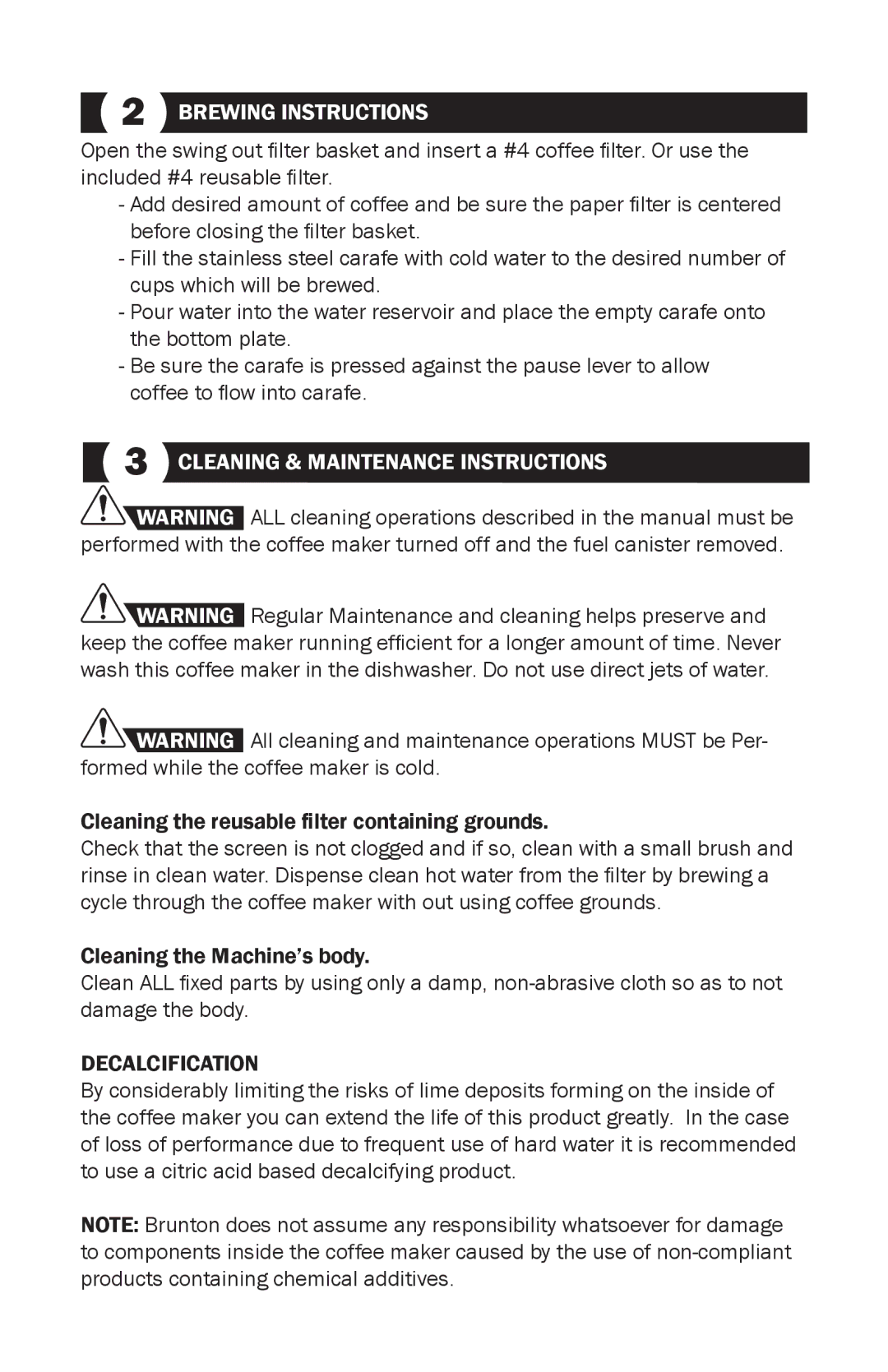 Brunton 81-100730 user manual Brewing Instructions, Cleaning & Maintenance Instructions, Decalcification 