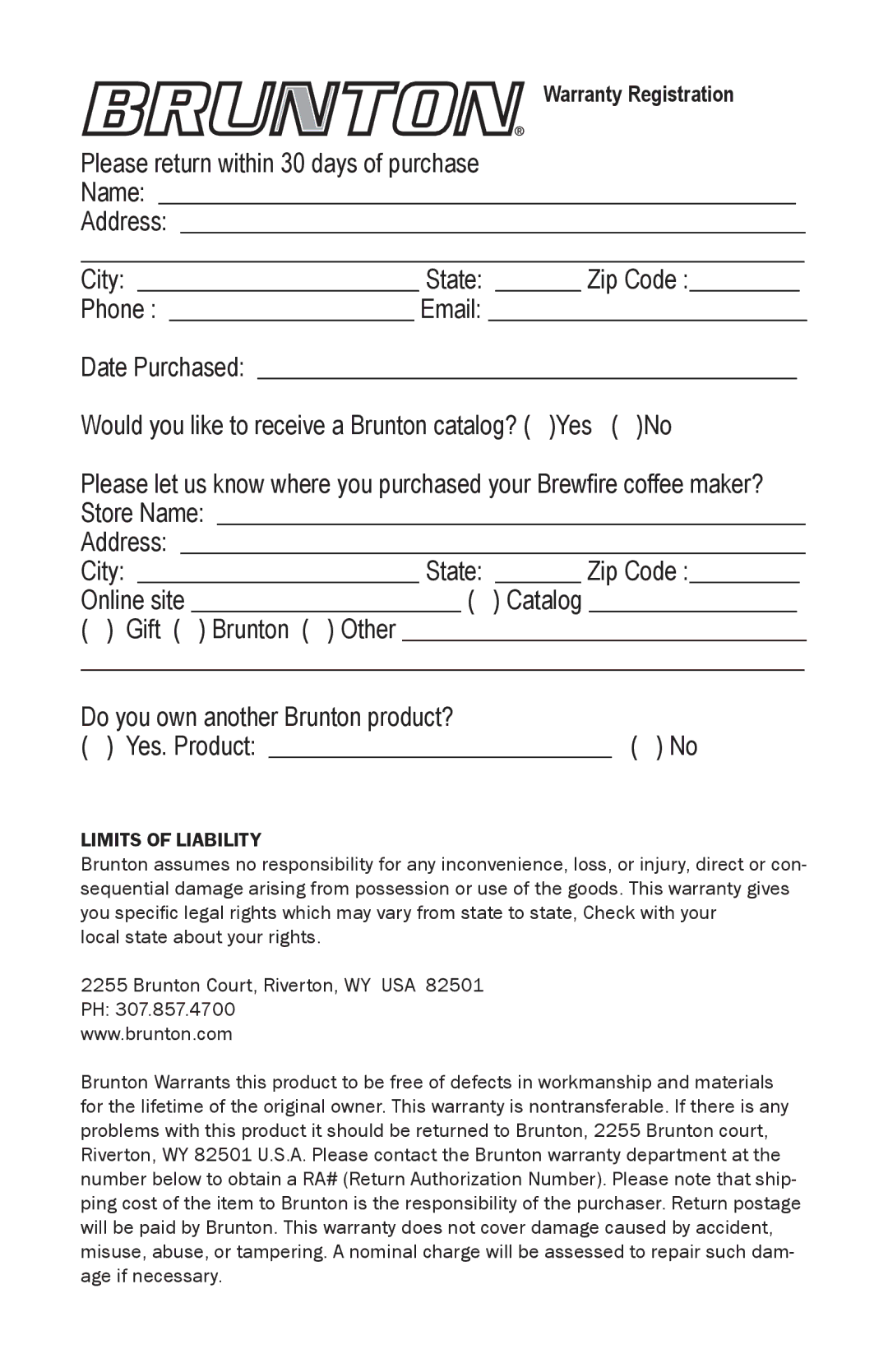 Brunton 81-100730 user manual Warranty Registration 