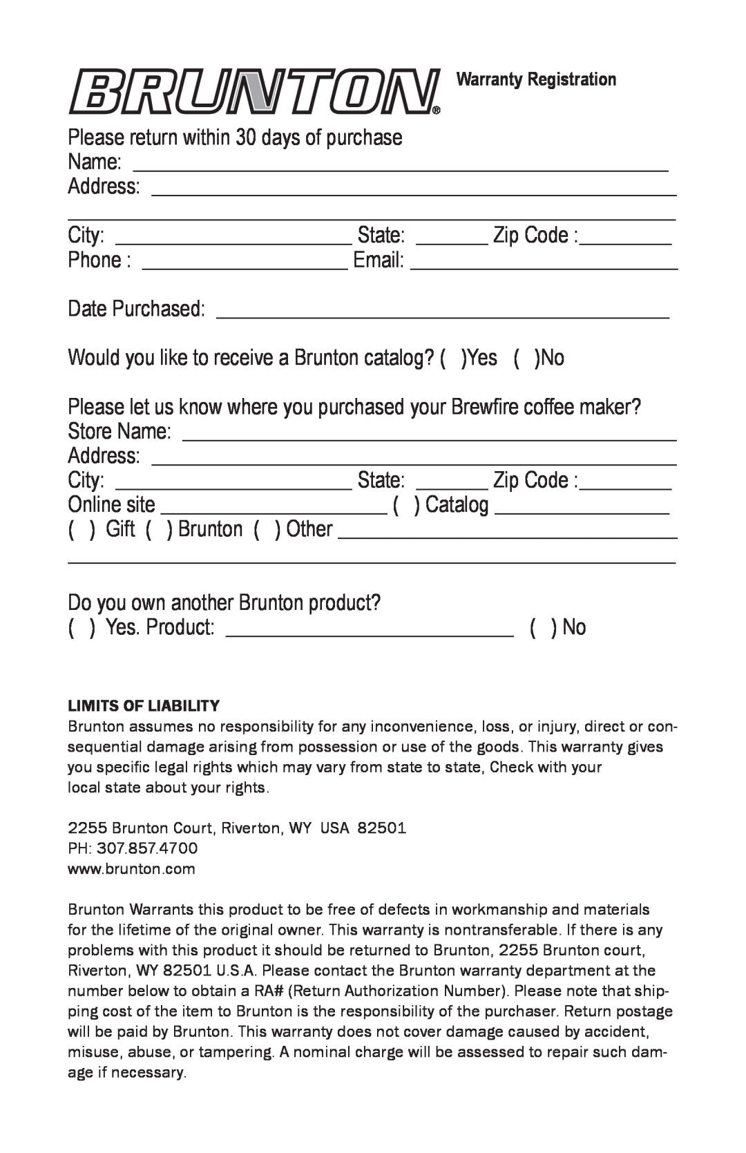 Brunton 81-100730 user manual Please return within 30 days of purchase, Would you like to receive a Brunton catalog? Yes No 