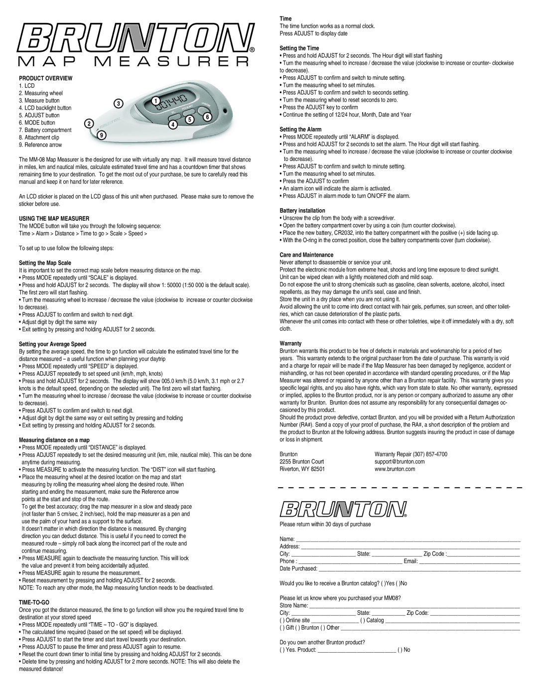 Brunton MM08 warranty Product overview, Using the Map Measurer, Setting the Map Scale, Setting your Average Speed, Time 