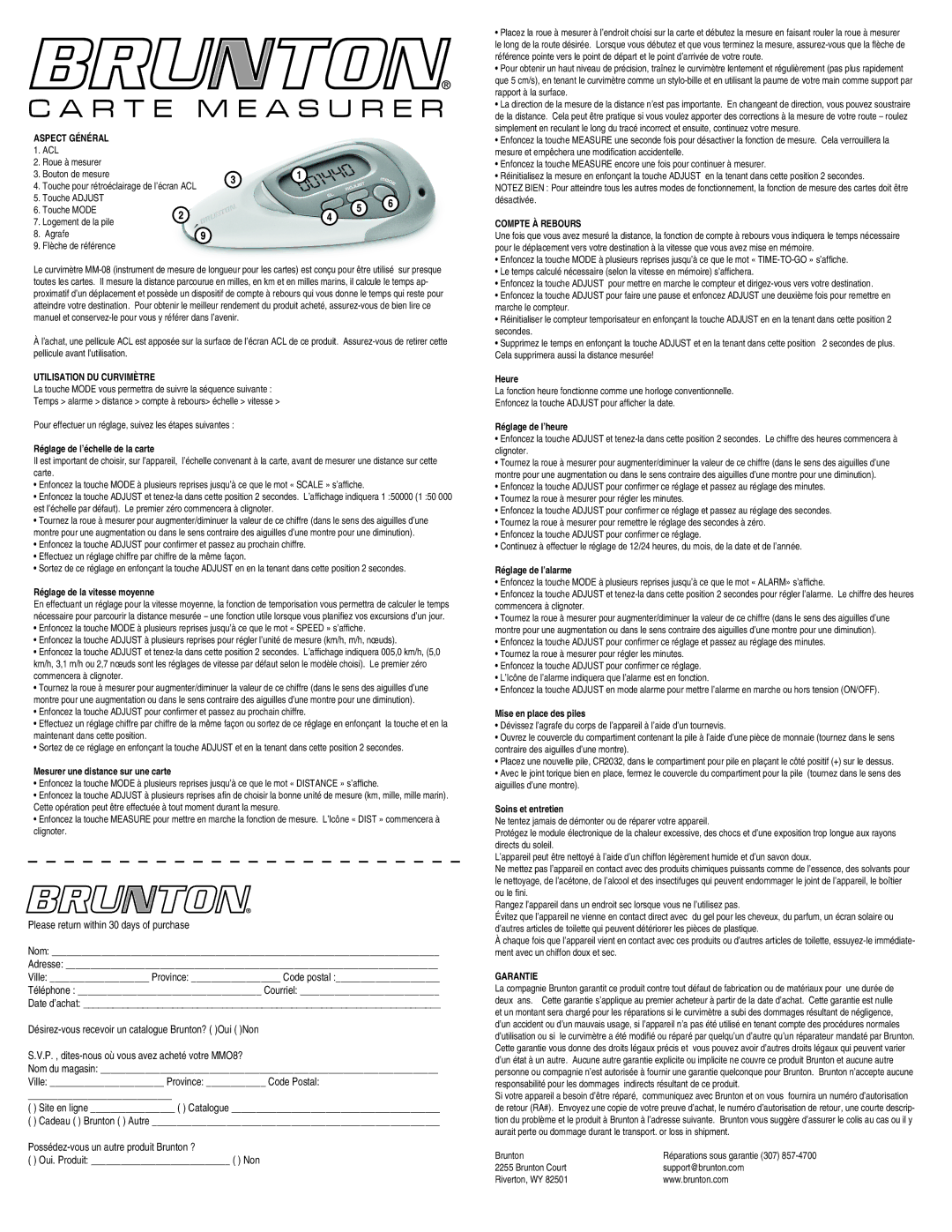 Brunton MM08 Aspect général, Utilisation du curvimètre, Réglage de l’échelle de la carte, Réglage de la vitesse moyenne 