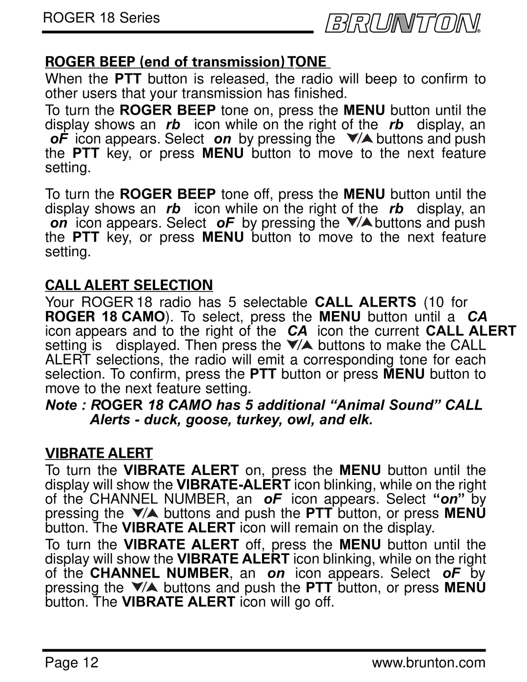 Brunton ROGER 18 SERIES specifications Roger Beep end of transmission Tone, Call Alert Selection, Vibrate Alert 