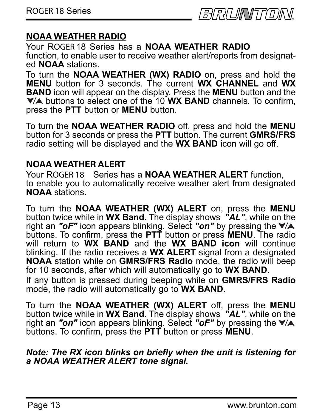 Brunton ROGER 18 SERIES specifications Noaa Weather Radio, Noaa Weather Alert 