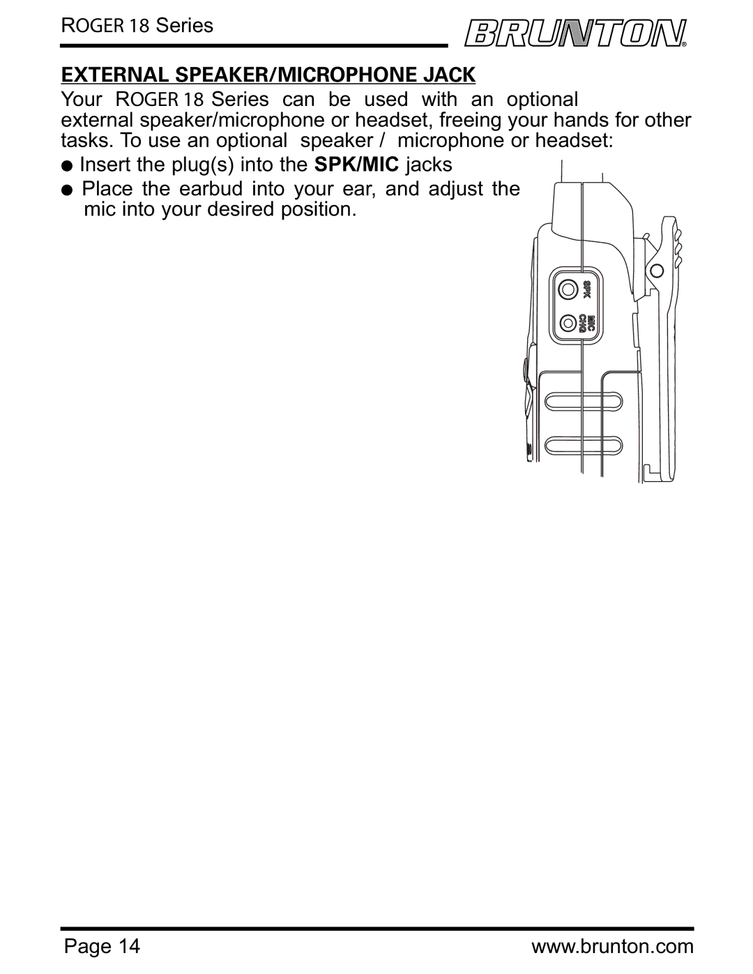 Brunton ROGER 18 SERIES specifications External SPEAKER/MICROPHONE Jack 