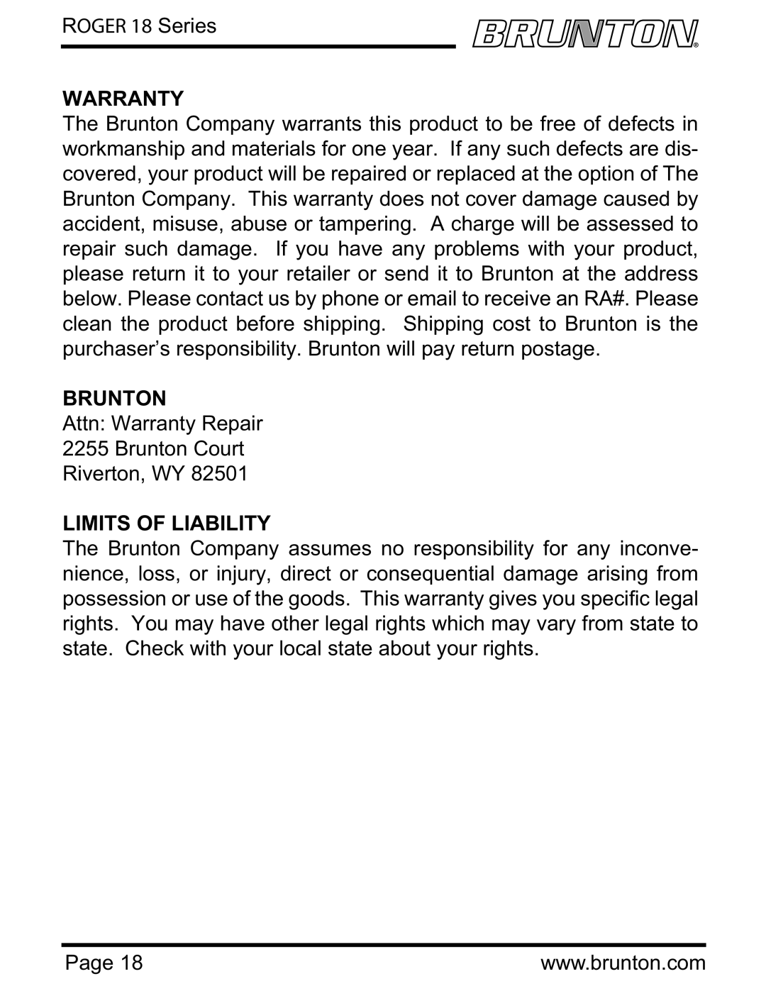 Brunton ROGER 18 SERIES specifications Warranty, Brunton, Limits of Liability 